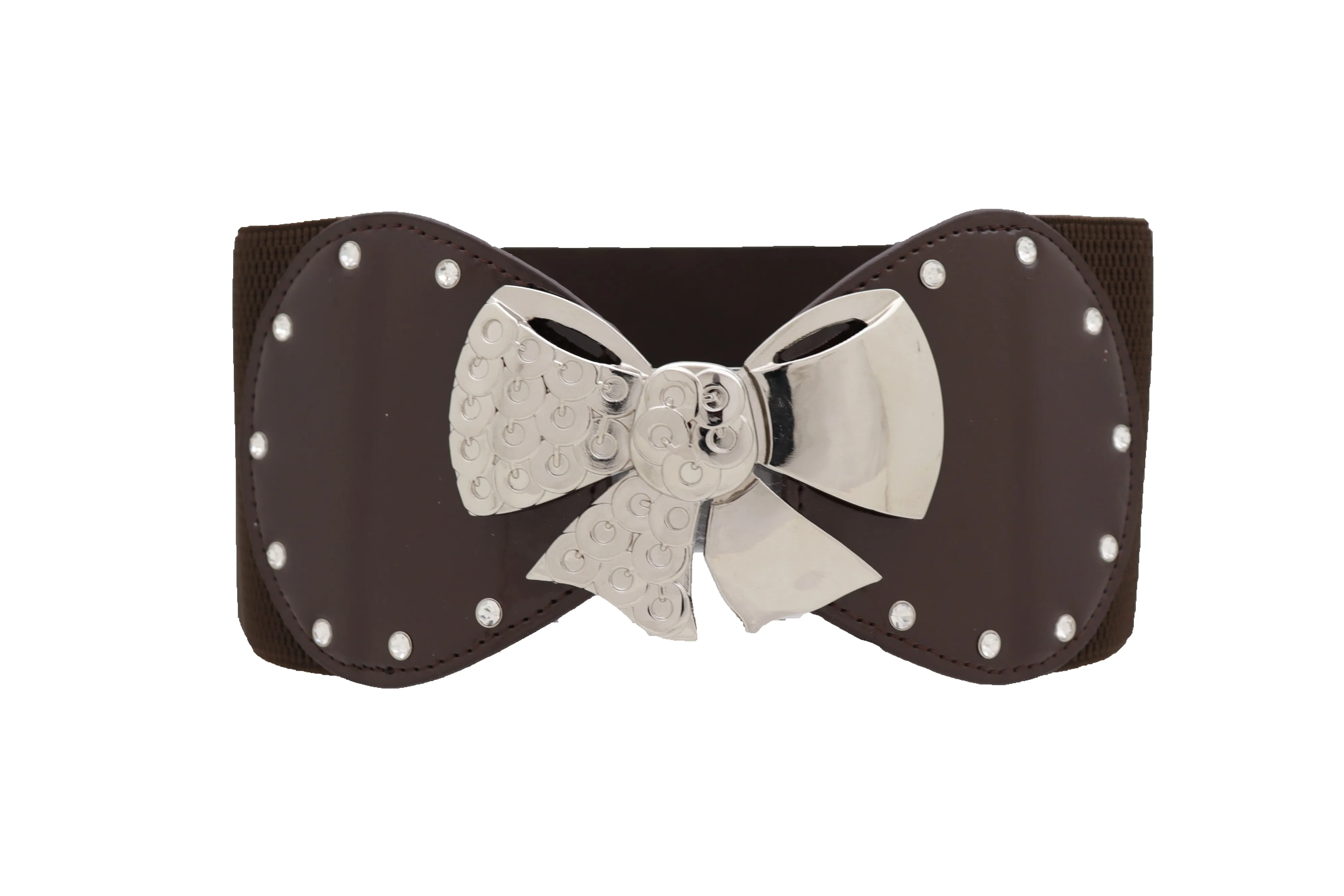 Dark Brown Wide Fashion Belt Silver Metal Bow Tie Ribbon Buckle Size S M