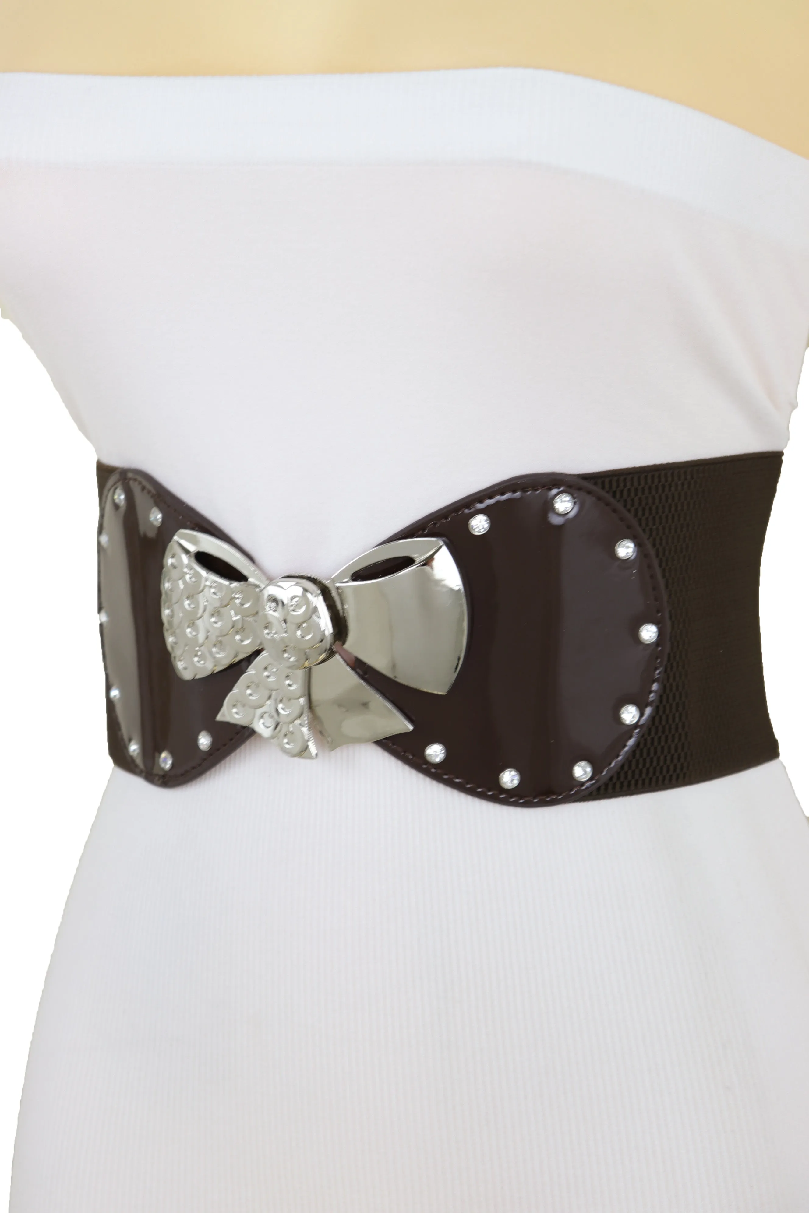 Dark Brown Wide Fashion Belt Silver Metal Bow Tie Ribbon Buckle Size S M