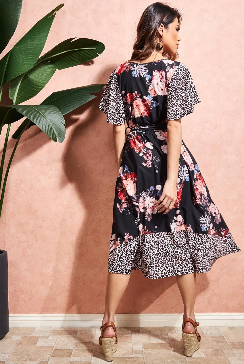 Goddiva Flutter Sleeve Printed Midi Dress