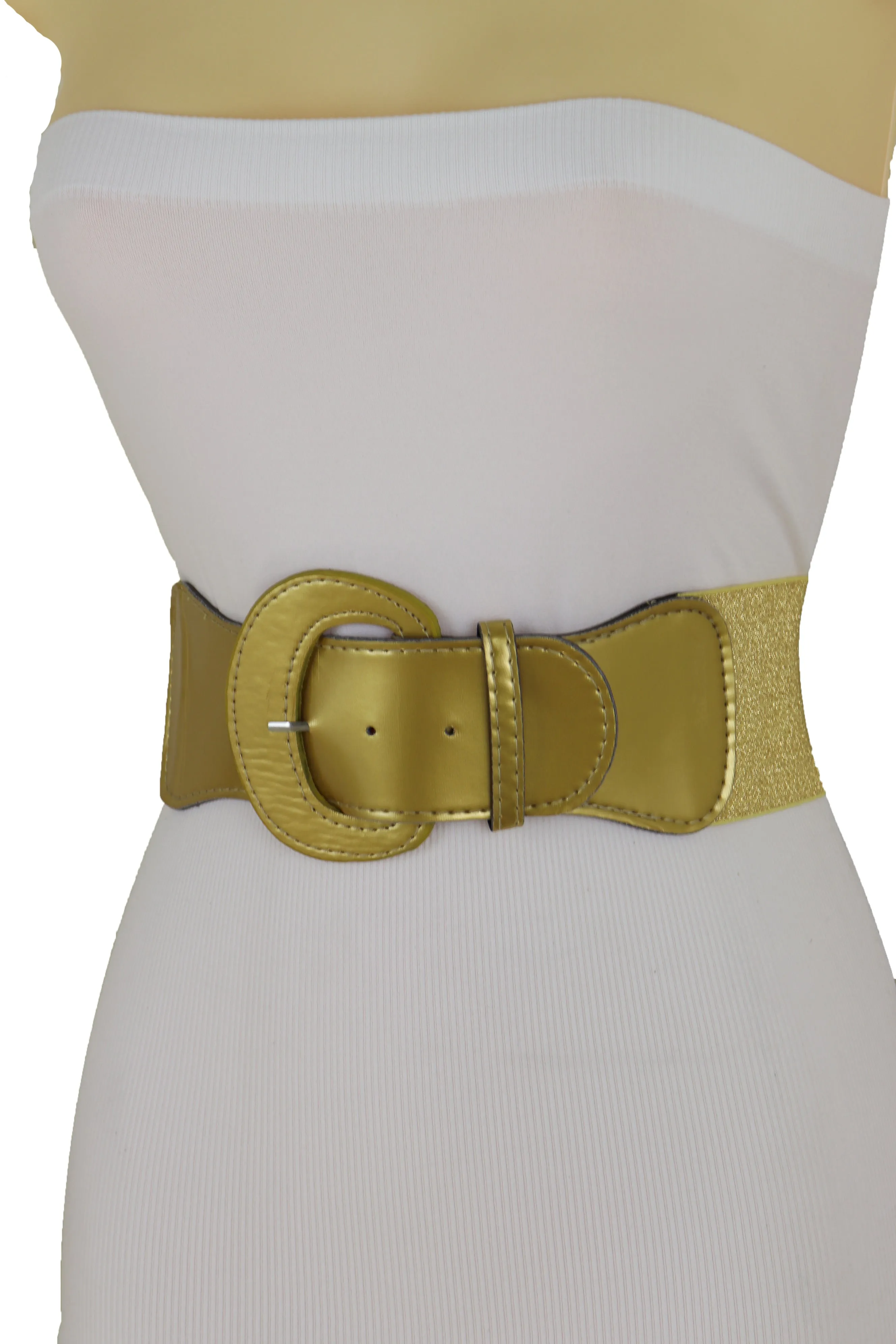 Gold Color Wide Elastic Band Fashion Belt Hip Waist Bling Silver Metal Studs Buckle Size M L