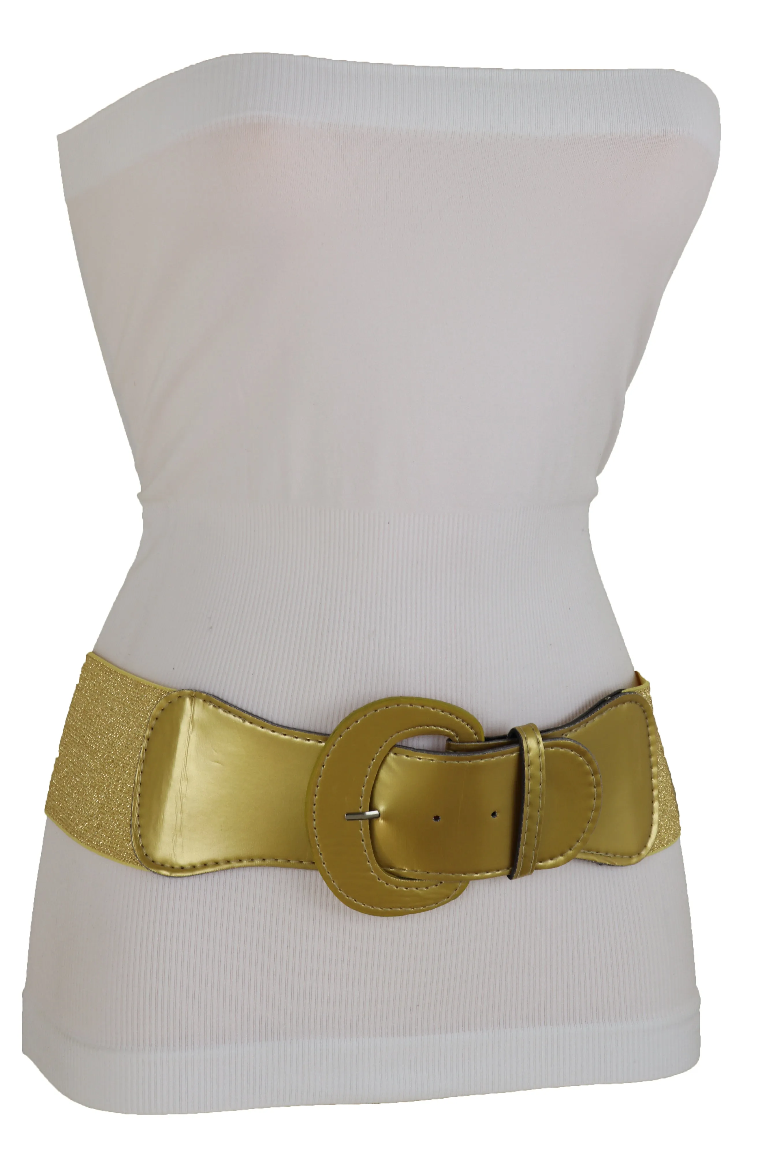 Gold Color Wide Elastic Band Fashion Belt Hip Waist Bling Silver Metal Studs Buckle Size M L