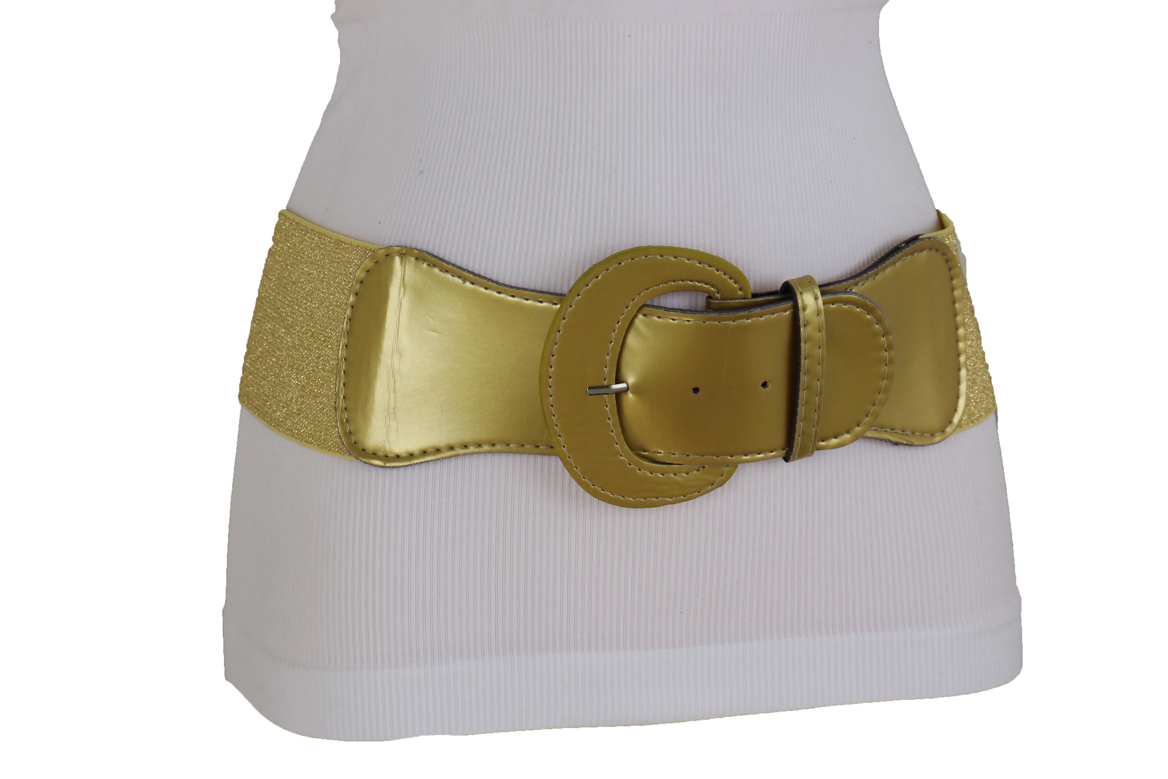 Gold Color Wide Elastic Band Fashion Belt Hip Waist Bling Silver Metal Studs Buckle Size M L