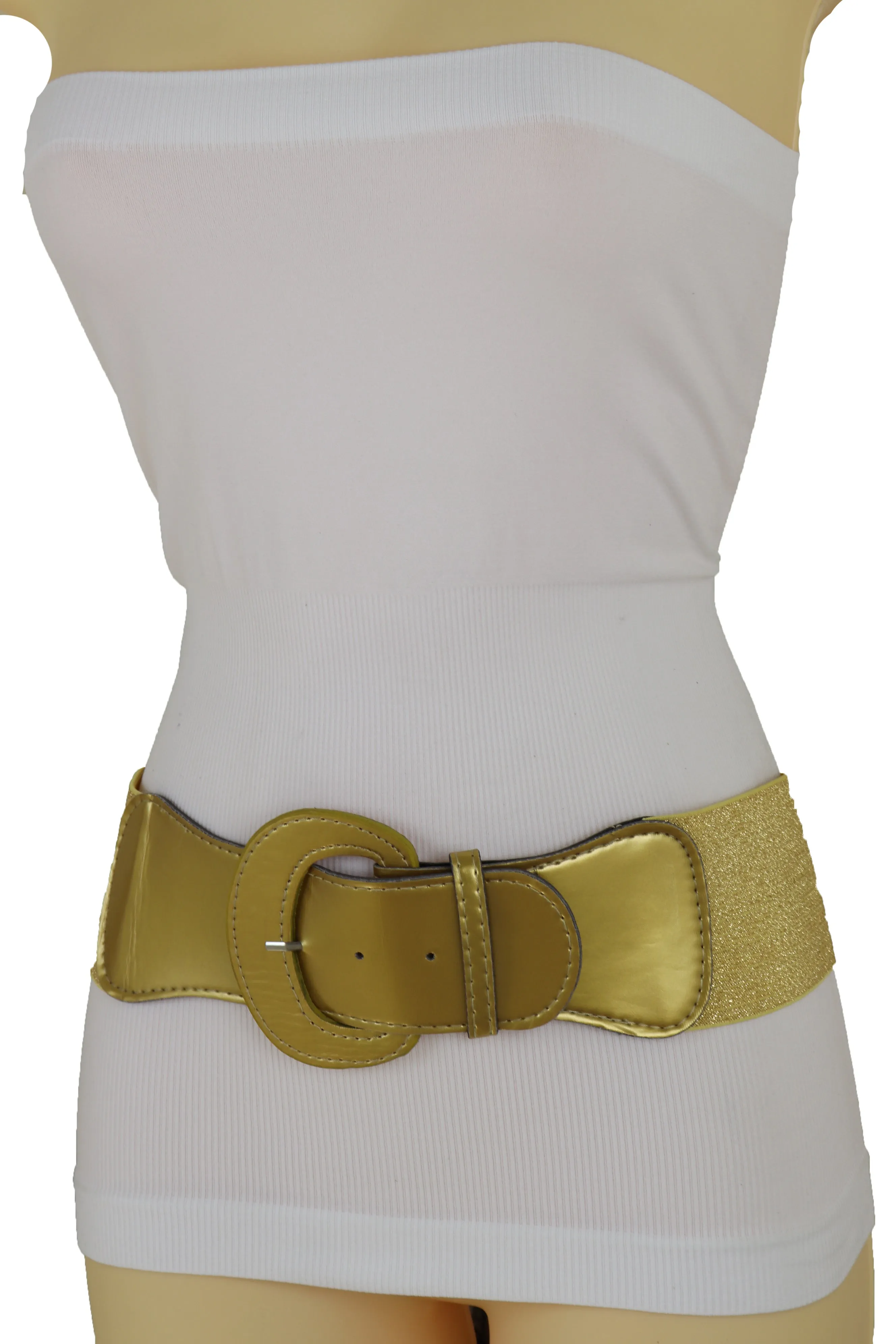 Gold Color Wide Elastic Band Fashion Belt Hip Waist Bling Silver Metal Studs Buckle Size M L