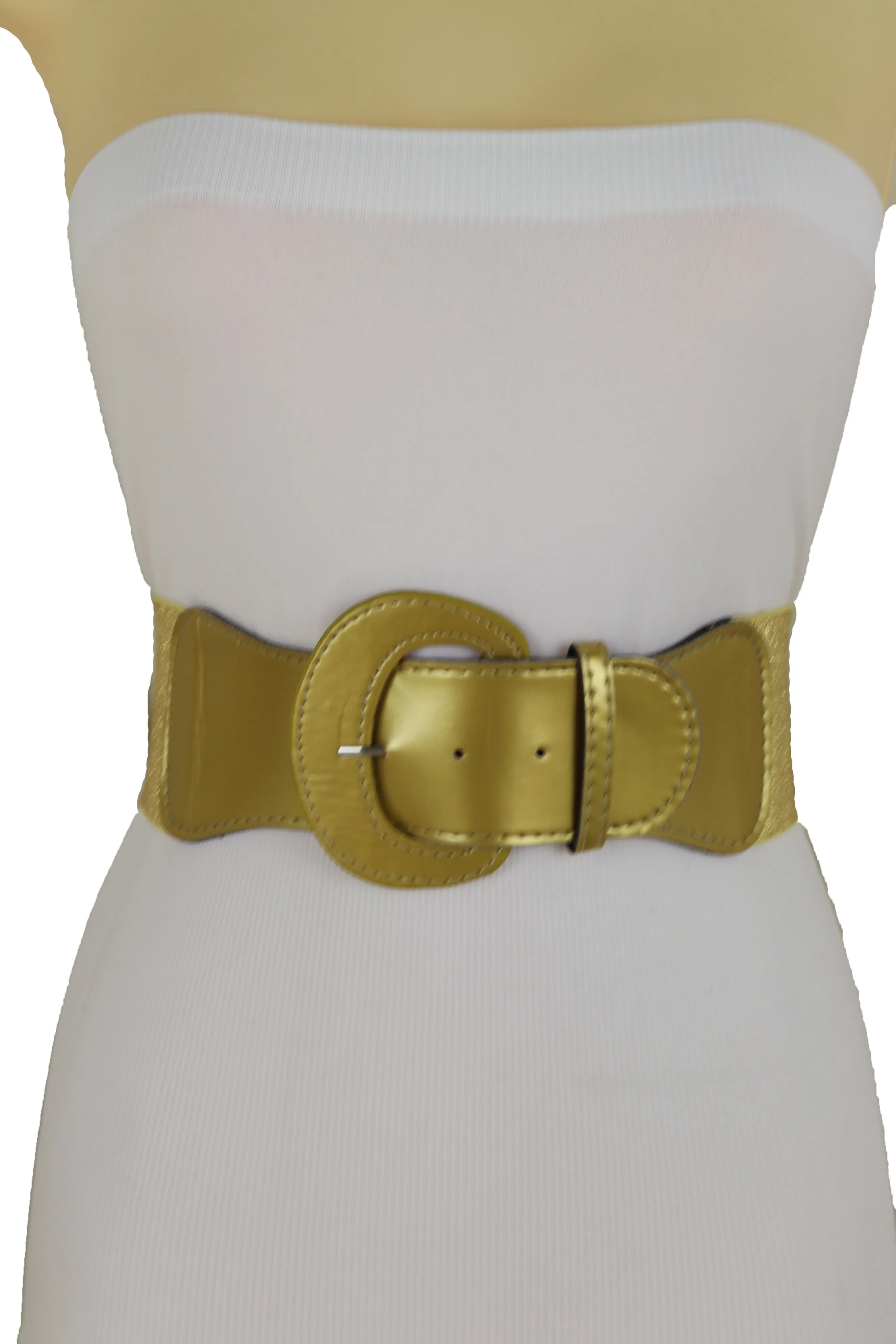 Gold Color Wide Elastic Band Fashion Belt Hip Waist Bling Silver Metal Studs Buckle Size M L