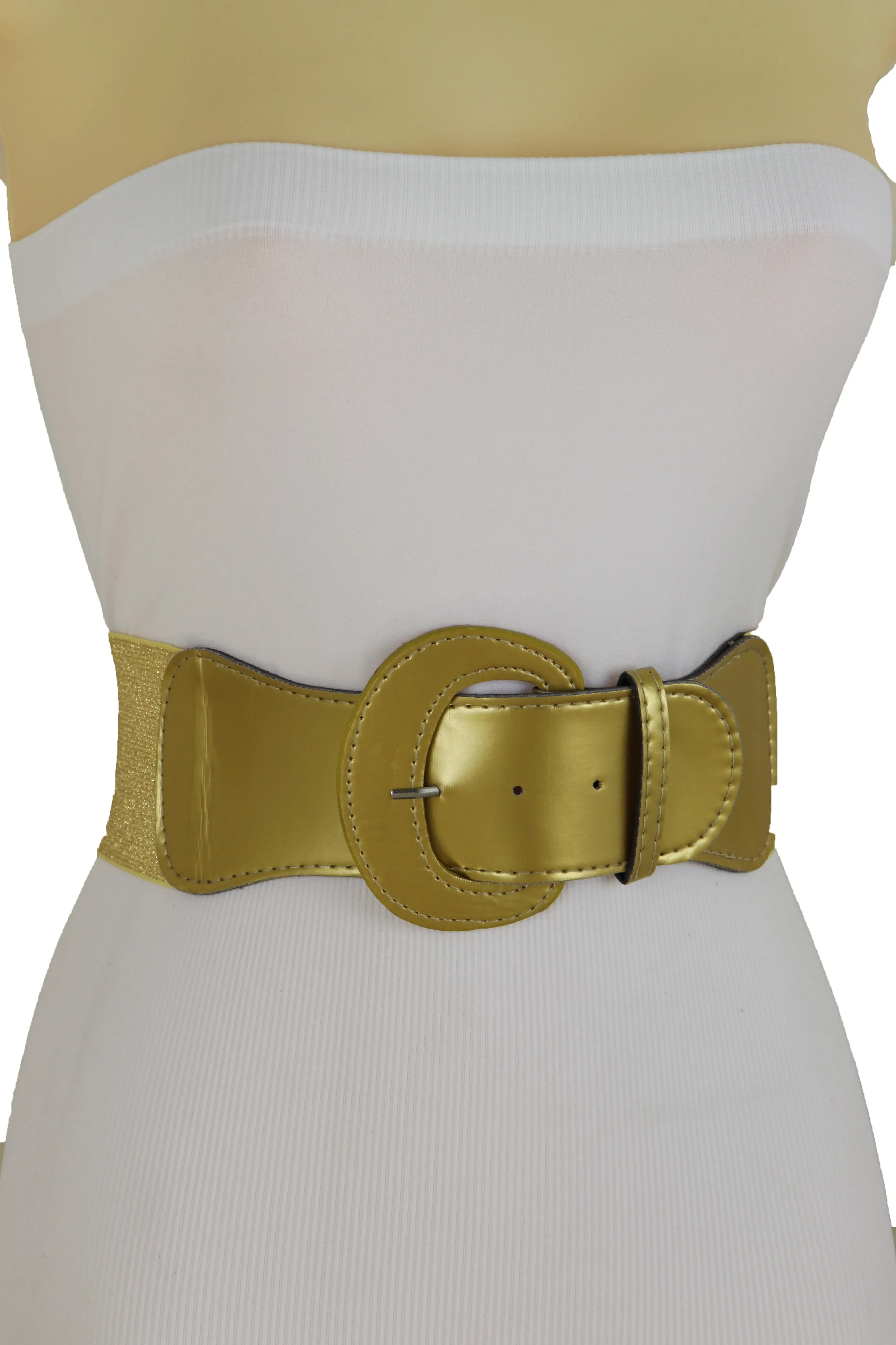 Gold Color Wide Elastic Band Fashion Belt Hip Waist Bling Silver Metal Studs Buckle Size M L