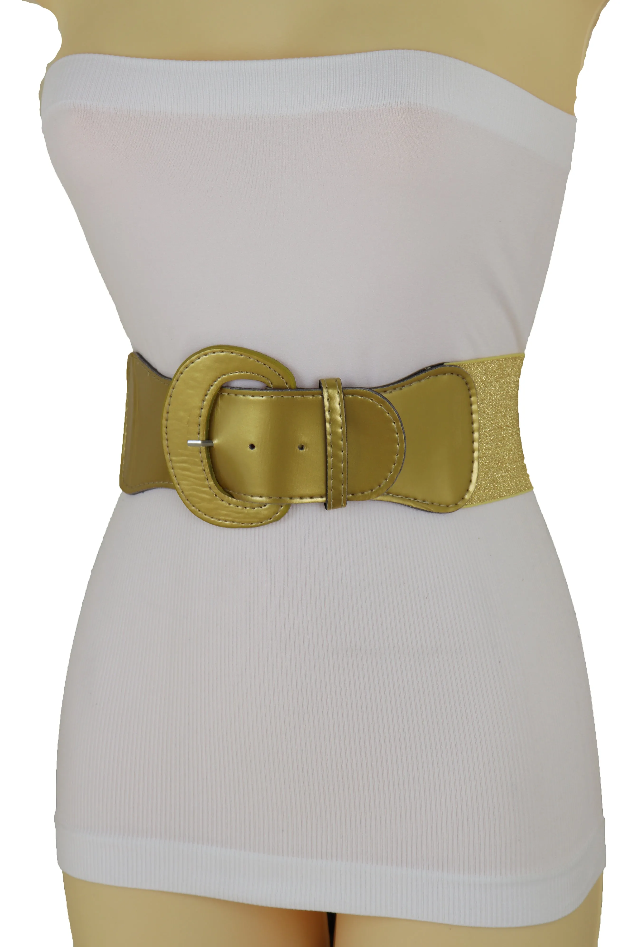 Gold Color Wide Elastic Band Fashion Belt Hip Waist Bling Silver Metal Studs Buckle Size M L