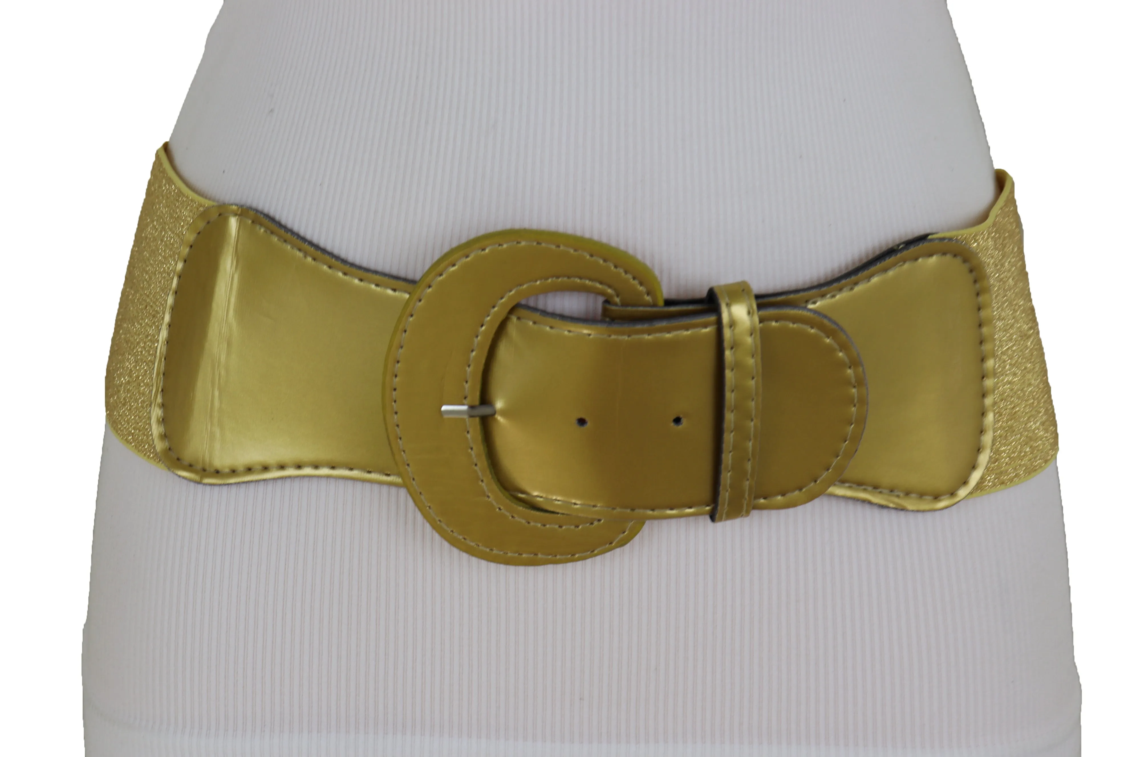 Gold Color Wide Elastic Band Fashion Belt Hip Waist Bling Silver Metal Studs Buckle Size M L