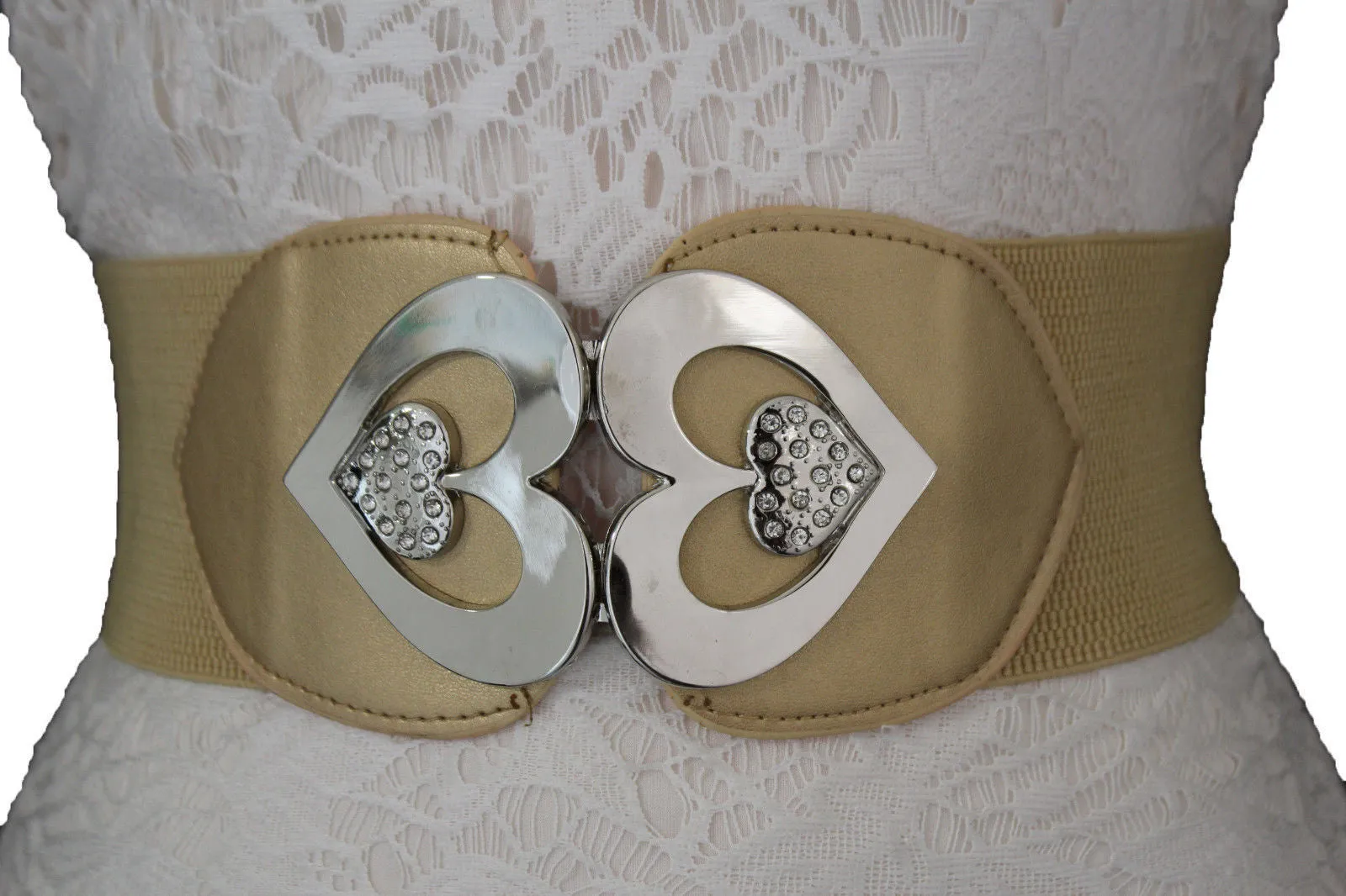 Gold Gray Elastic Belt Silver Heart Multi Rhinestones Women S M