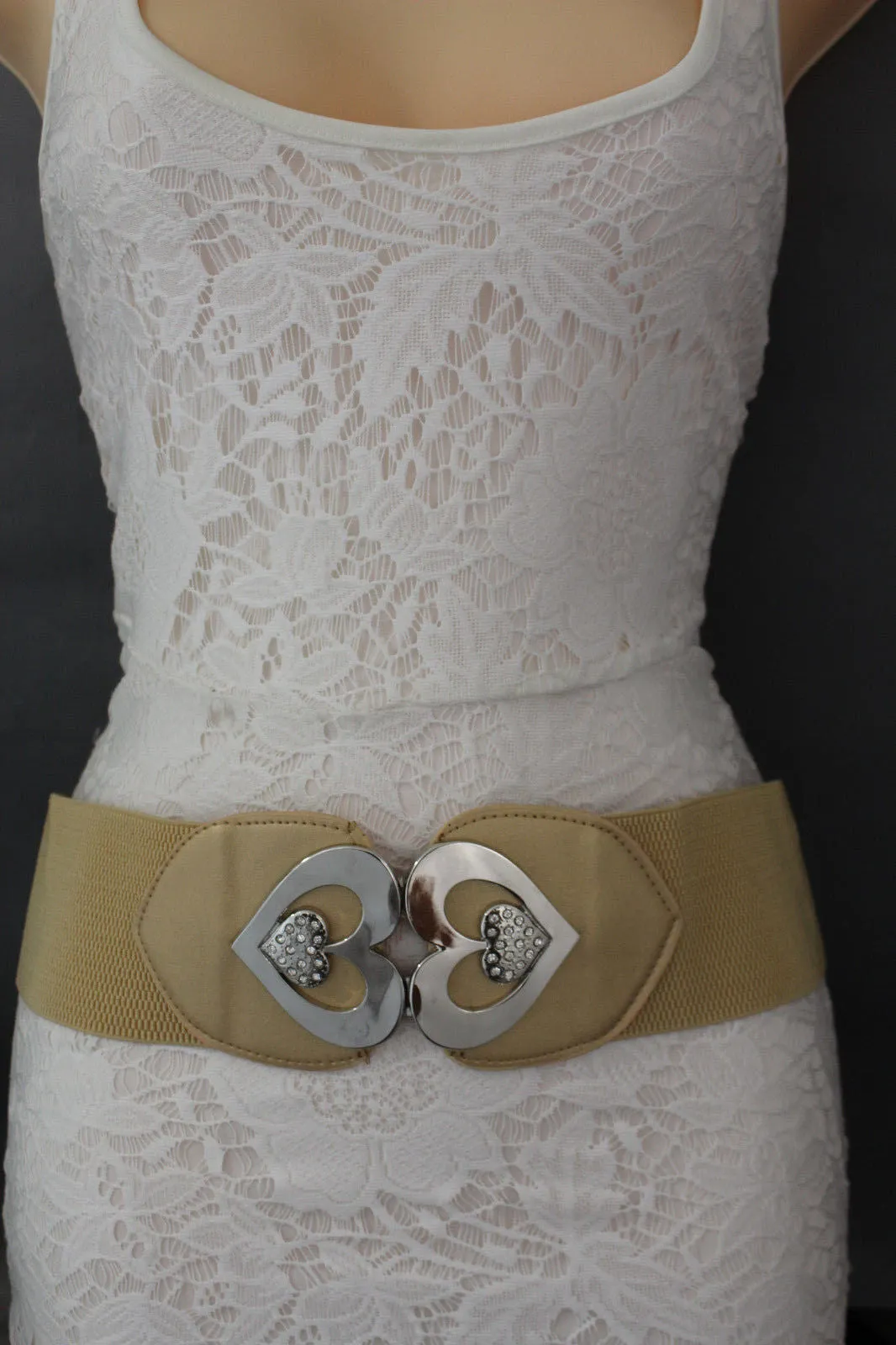 Gold Gray Elastic Belt Silver Heart Multi Rhinestones Women S M