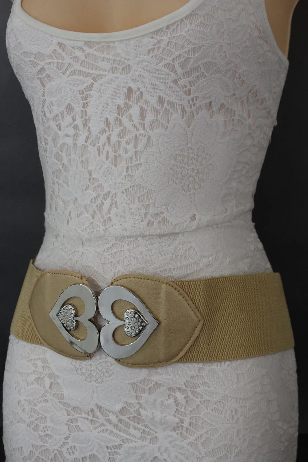 Gold Gray Elastic Belt Silver Heart Multi Rhinestones Women S M