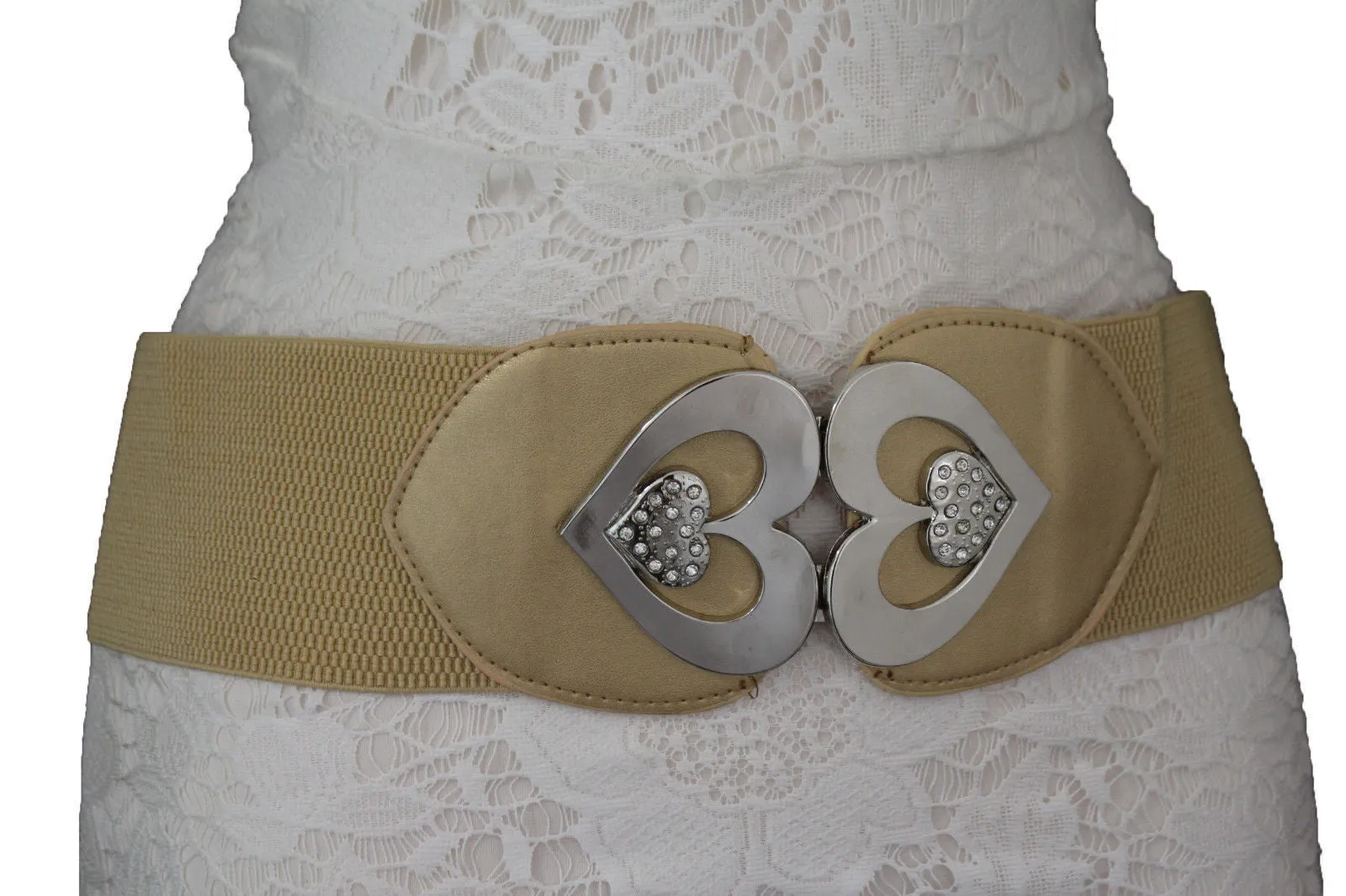 Gold Gray Elastic Belt Silver Heart Multi Rhinestones Women S M