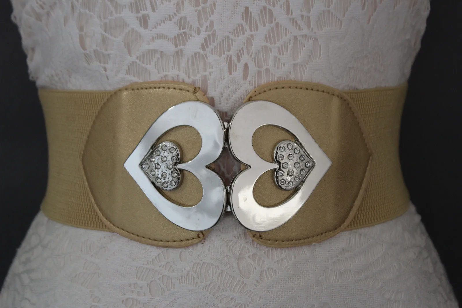 Gold Gray Elastic Belt Silver Heart Multi Rhinestones Women S M