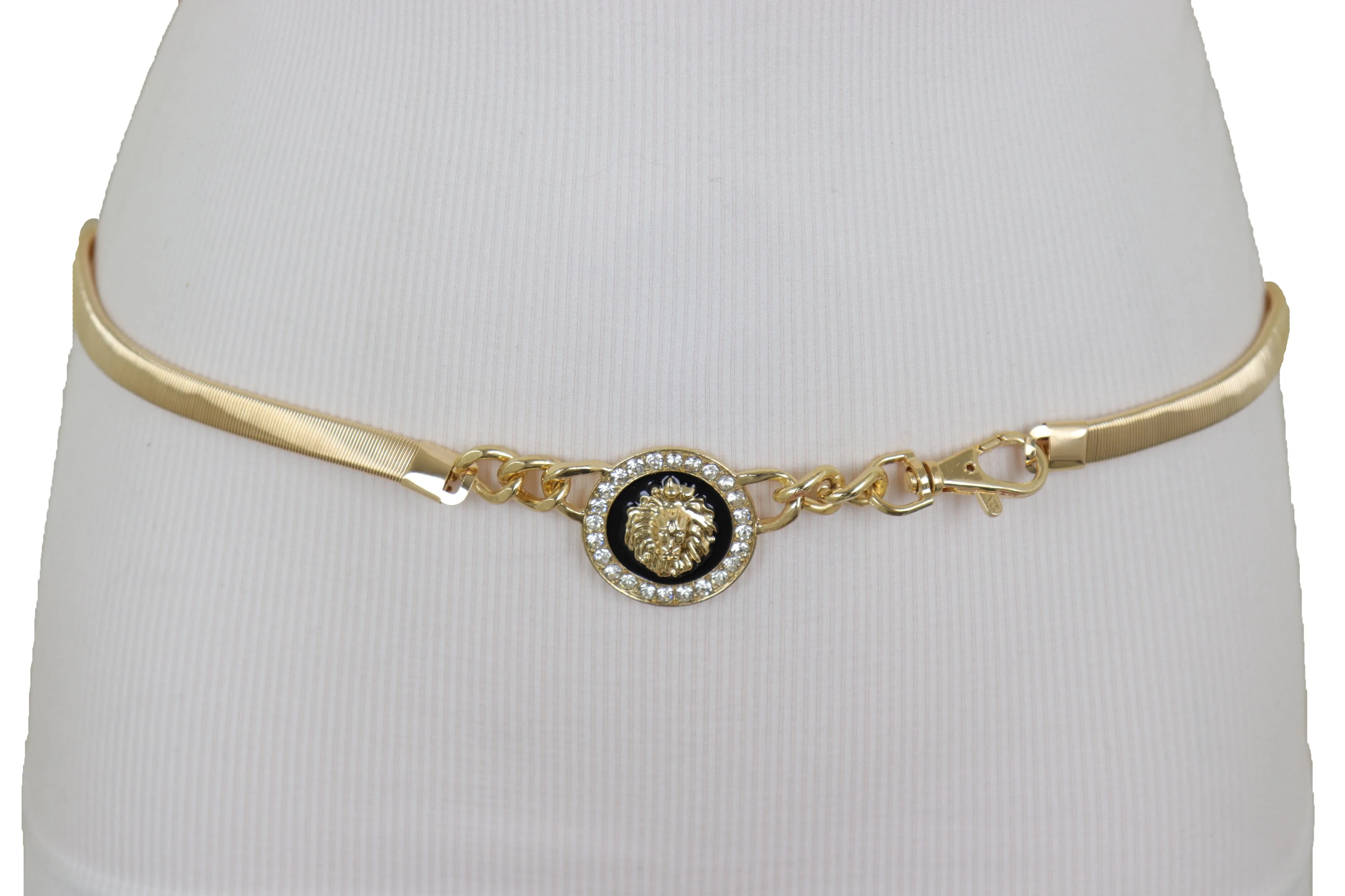 Gold Metal Elastic Waistband Belt with Rhinestone Lion Medallion