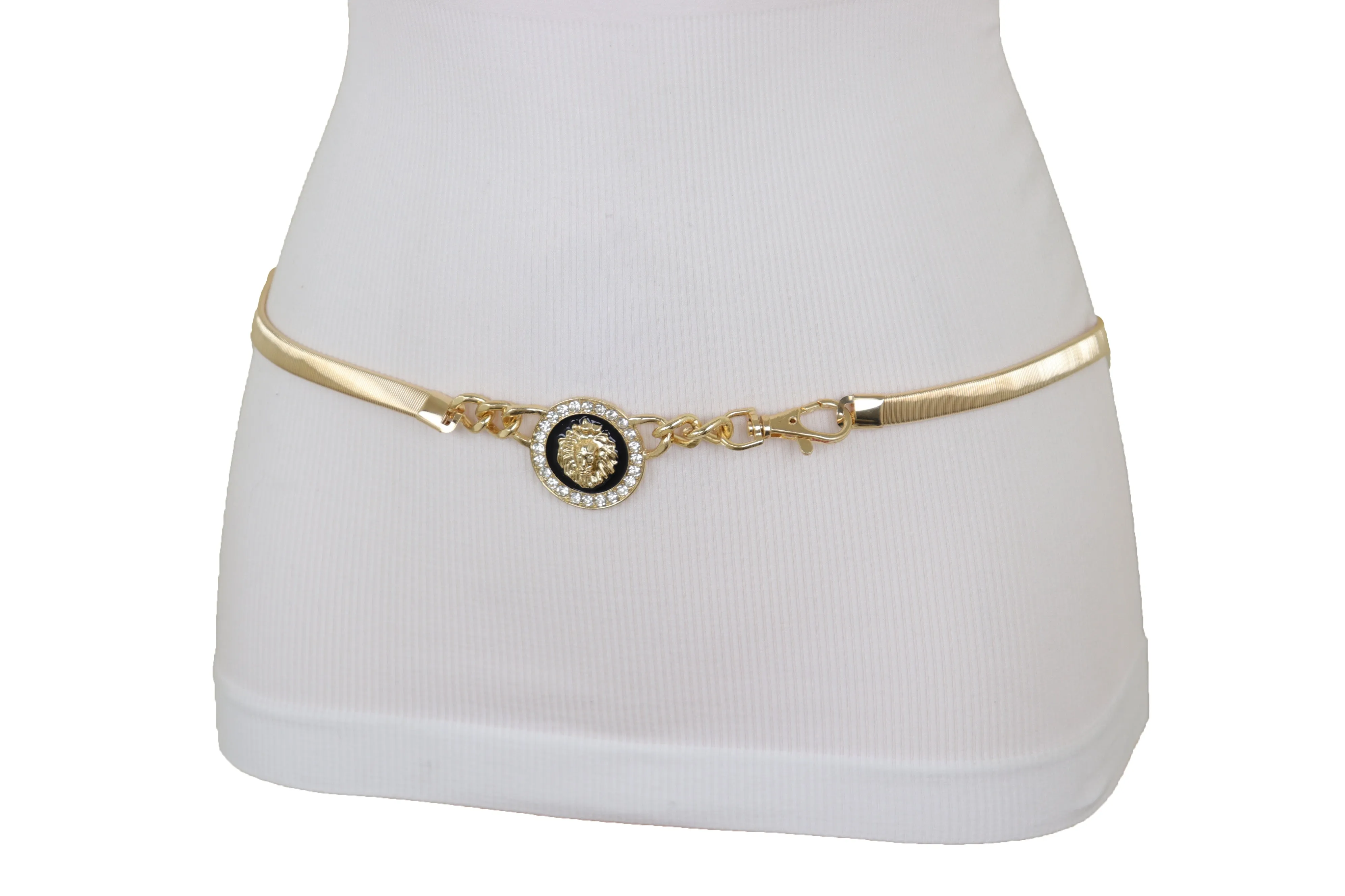 Gold Metal Elastic Waistband Belt with Rhinestone Lion Medallion