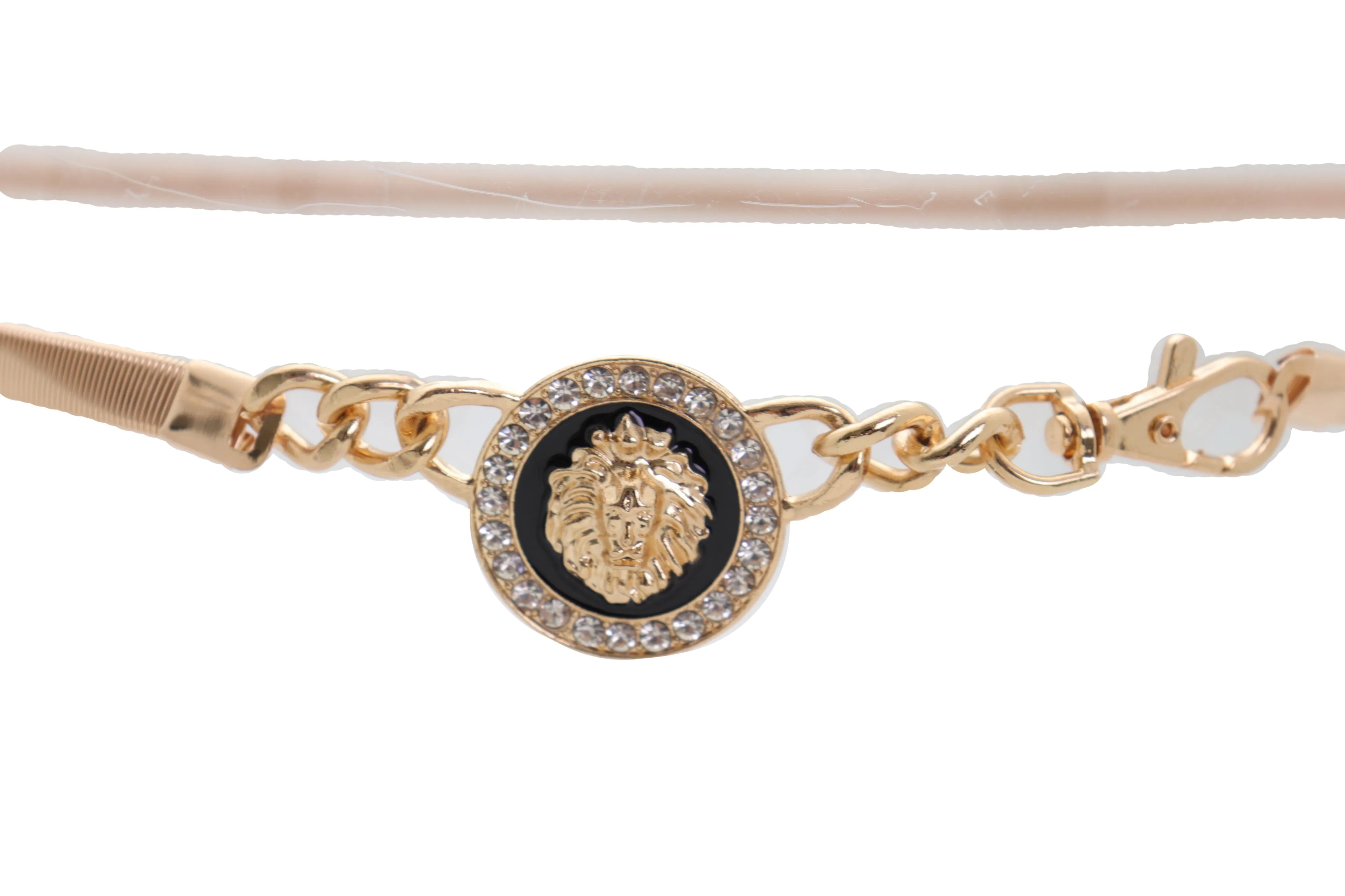 Gold Metal Elastic Waistband Belt with Rhinestone Lion Medallion