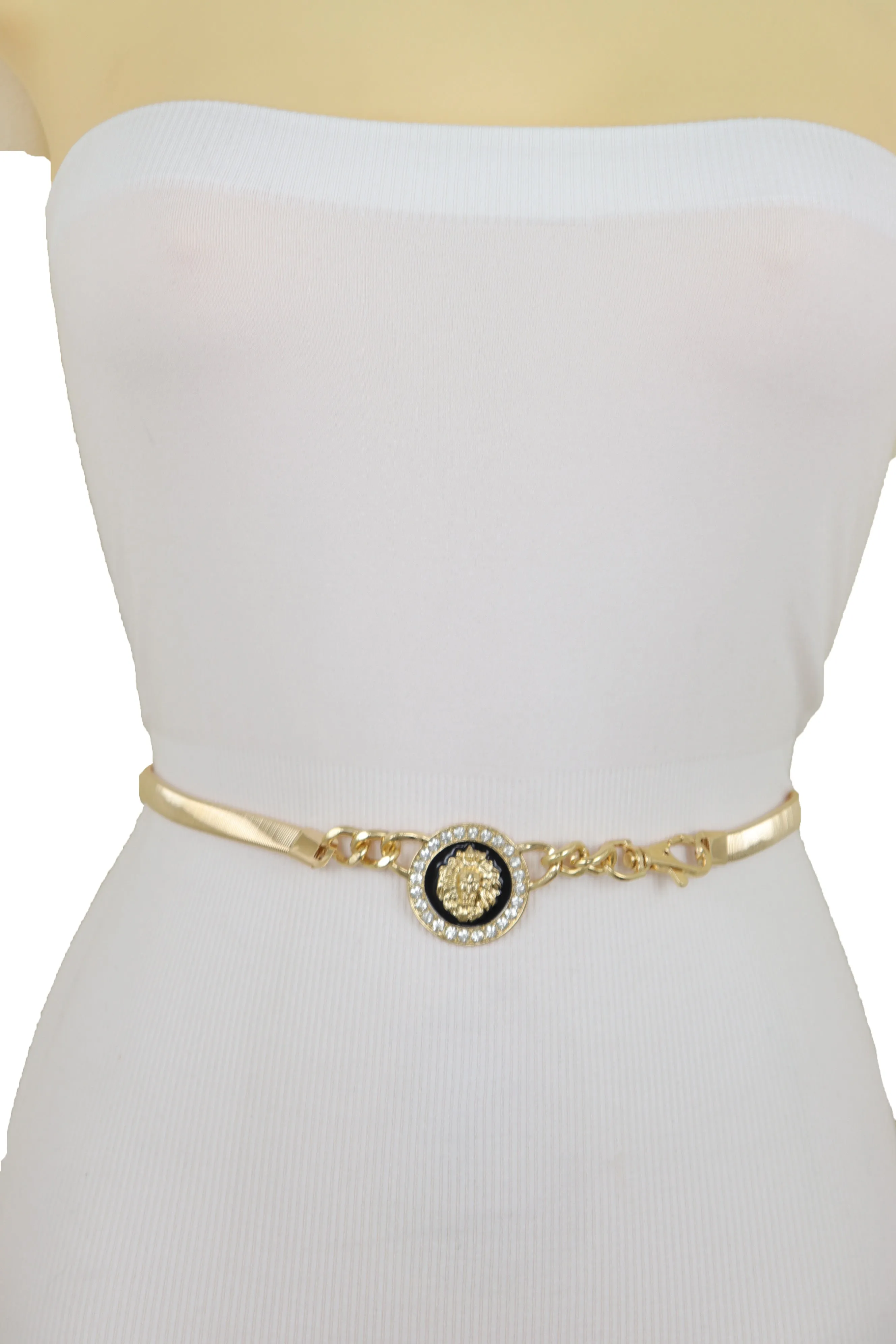 Gold Metal Elastic Waistband Belt with Rhinestone Lion Medallion