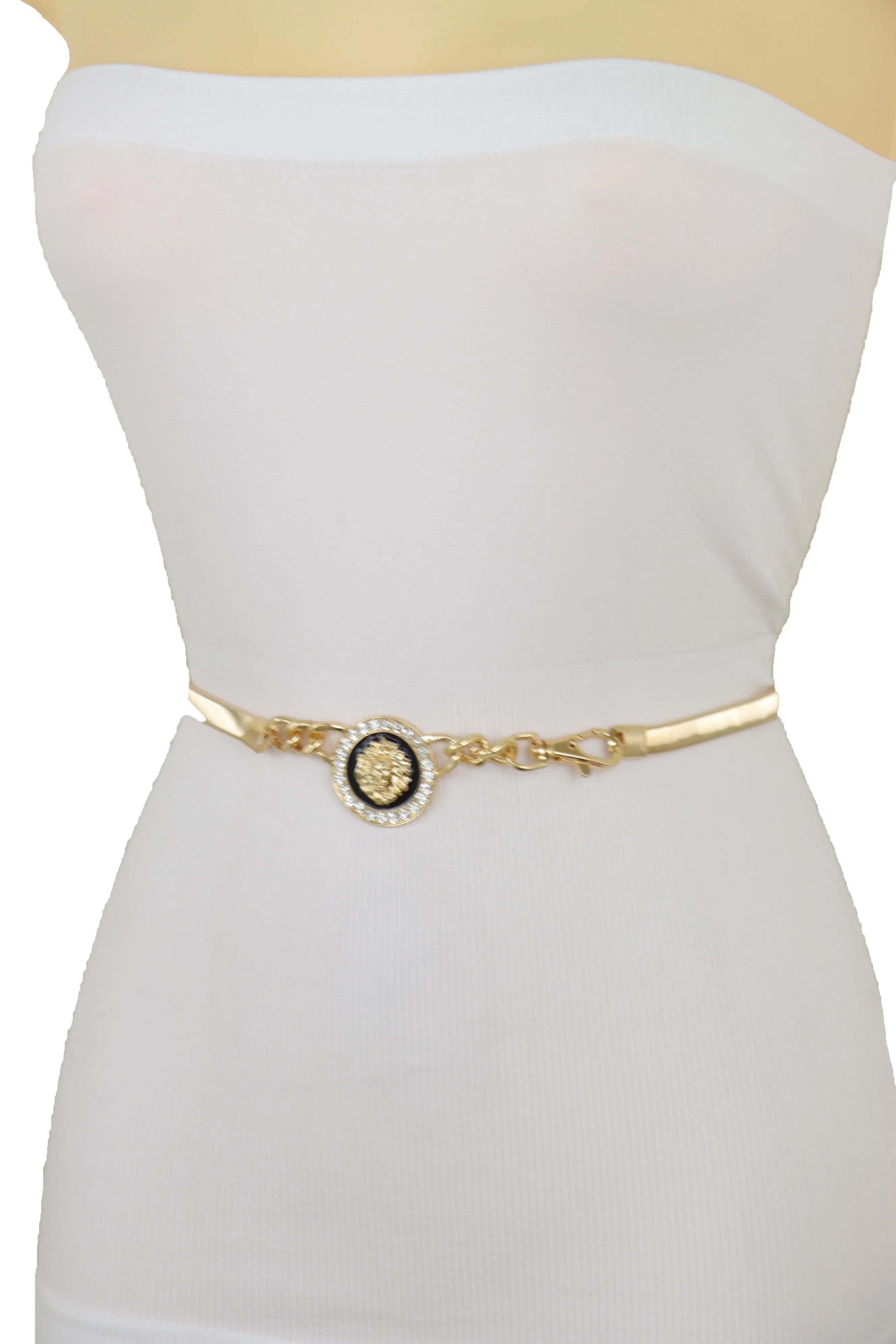 Gold Metal Elastic Waistband Belt with Rhinestone Lion Medallion