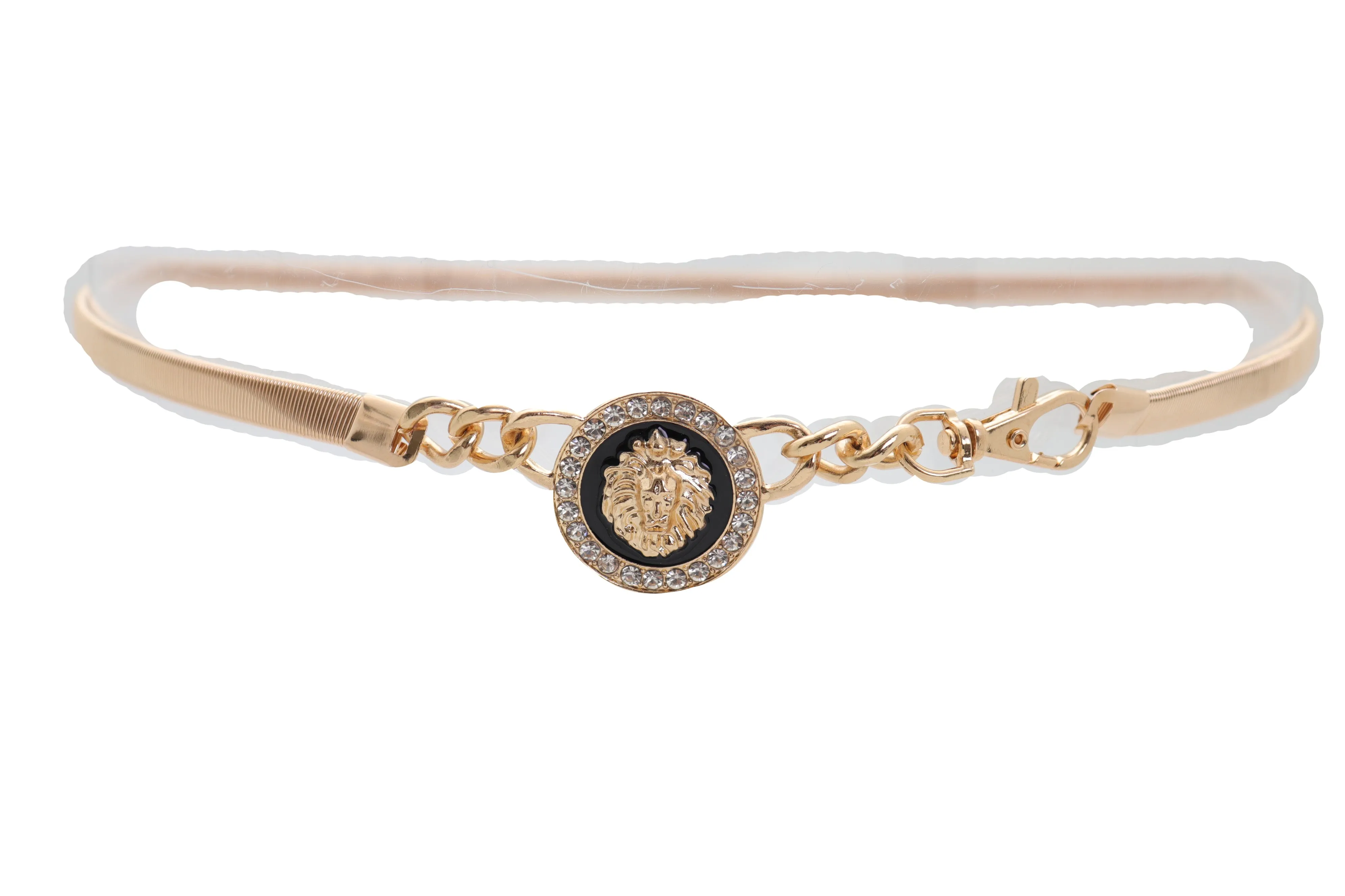 Gold Metal Elastic Waistband Belt with Rhinestone Lion Medallion