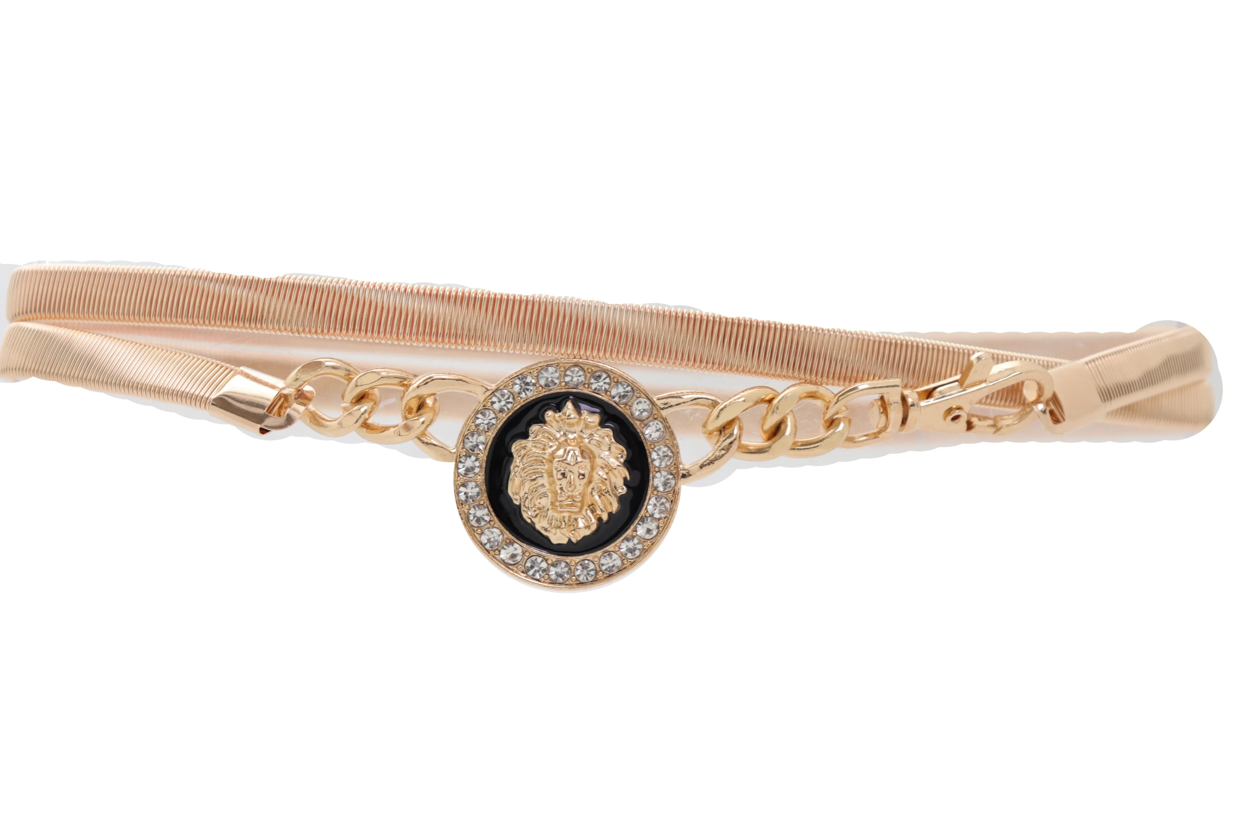 Gold Metal Elastic Waistband Belt with Rhinestone Lion Medallion