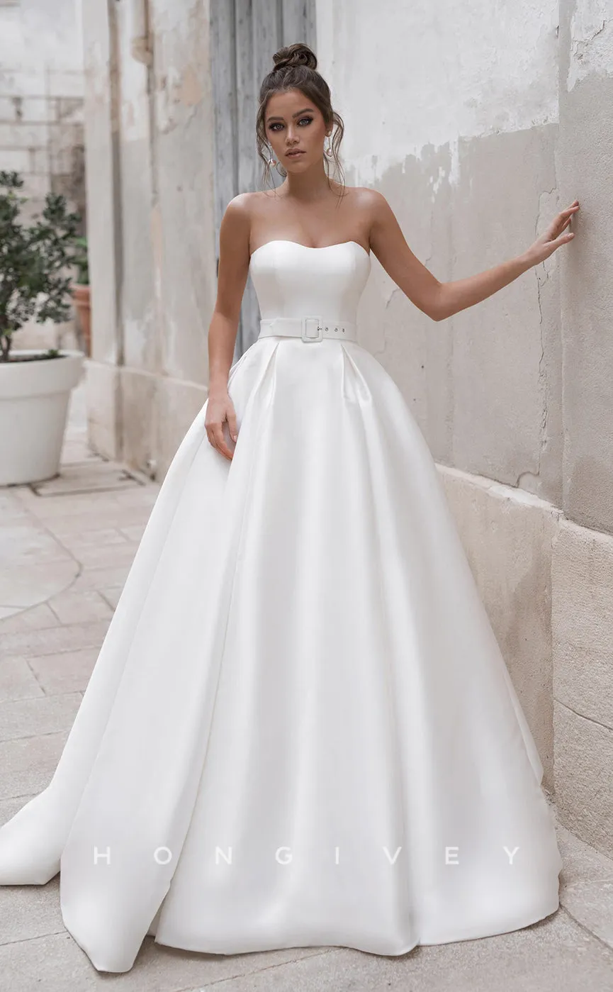 H0826 - Sheer Tube Top Two Piece Belt Buttons Embellished With Train Wedding Dress