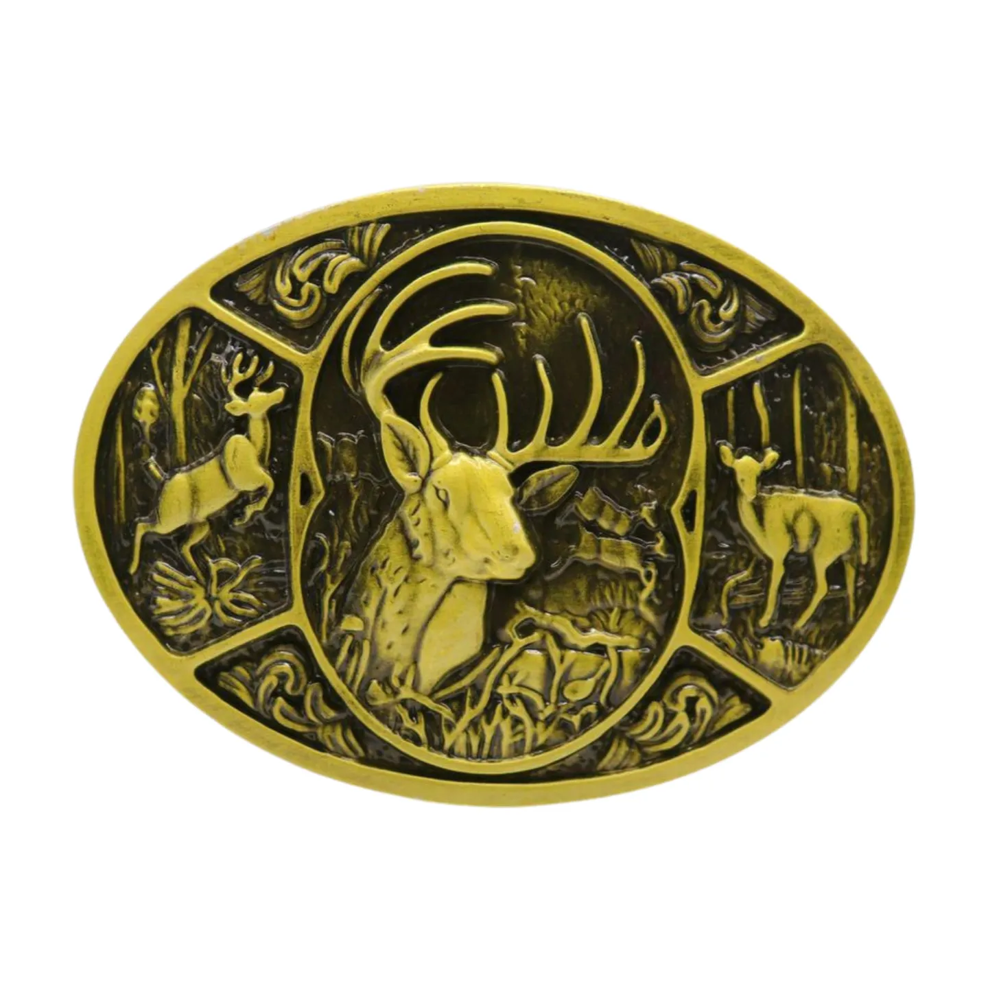 Men Gold Metal Belt Buckle Deer Nature Western Fashion Accessory Oval Shape