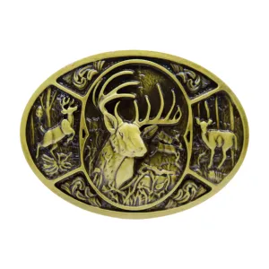 Men Gold Metal Belt Buckle Deer Nature Western Fashion Accessory Oval Shape