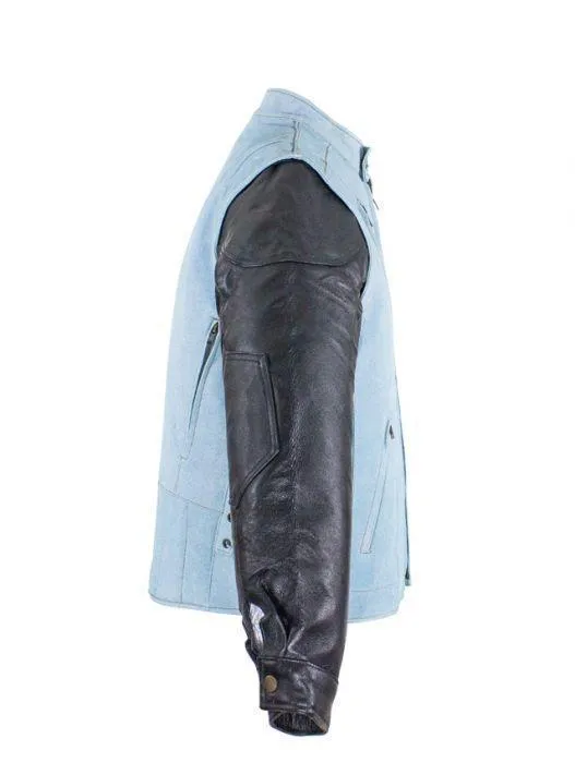 Men's Denim-like Leather Racer Jacket W/ Removable Sleeves, MJ711-15-DL