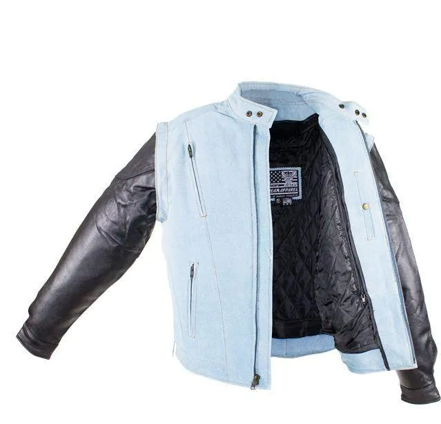 Men's Denim-like Leather Racer Jacket W/ Removable Sleeves, MJ711-15-DL