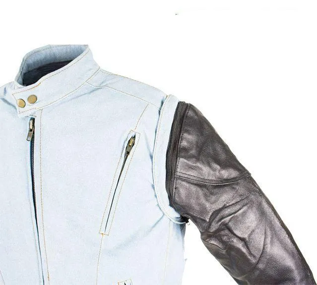 Men's Denim-like Leather Racer Jacket W/ Removable Sleeves, MJ711-15-DL