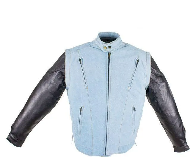 Men's Denim-like Leather Racer Jacket W/ Removable Sleeves, MJ711-15-DL