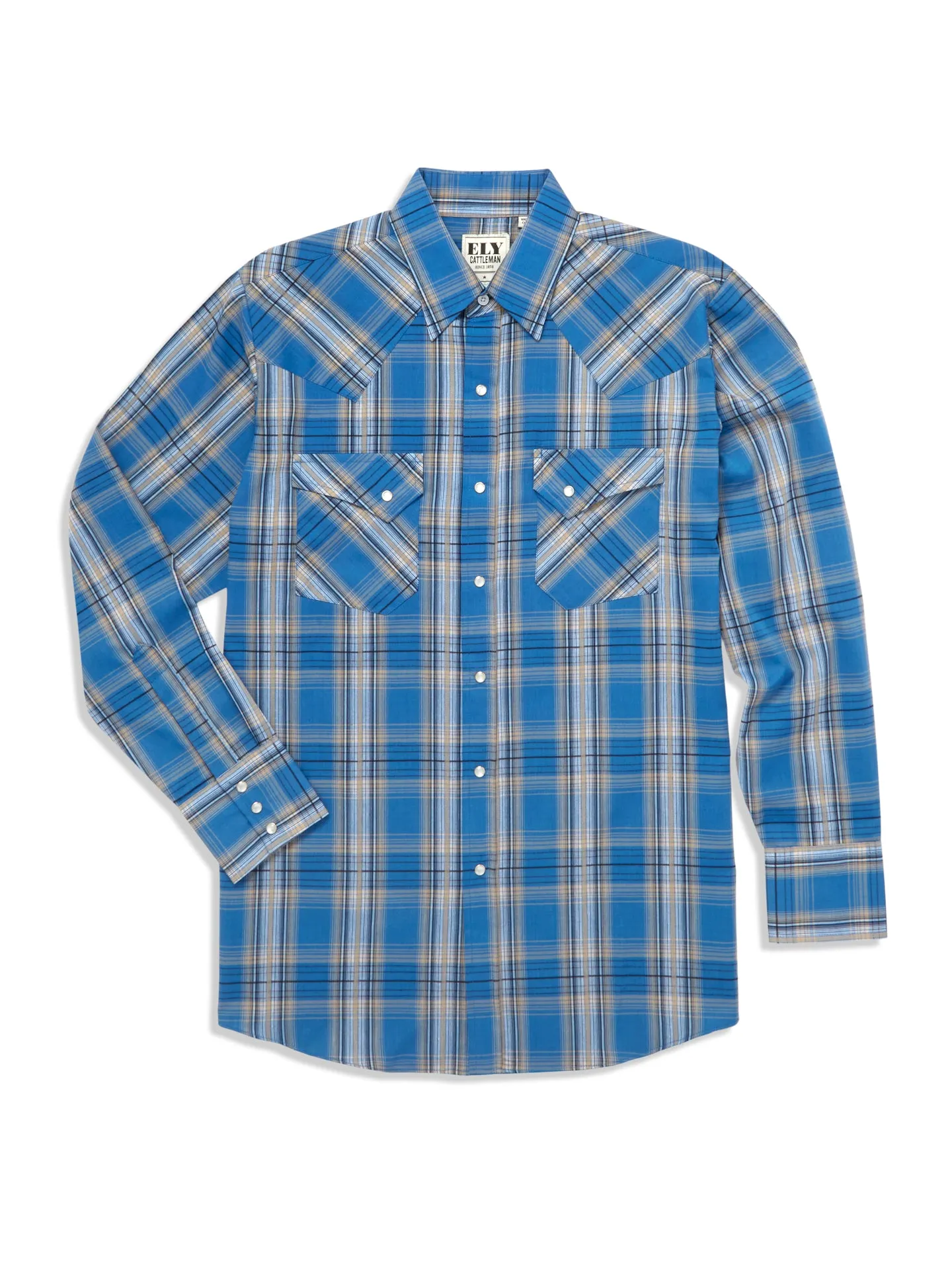 Men's Ely Cattleman Long Sleeve Textured Plaid Western Snap Shirt- Blue