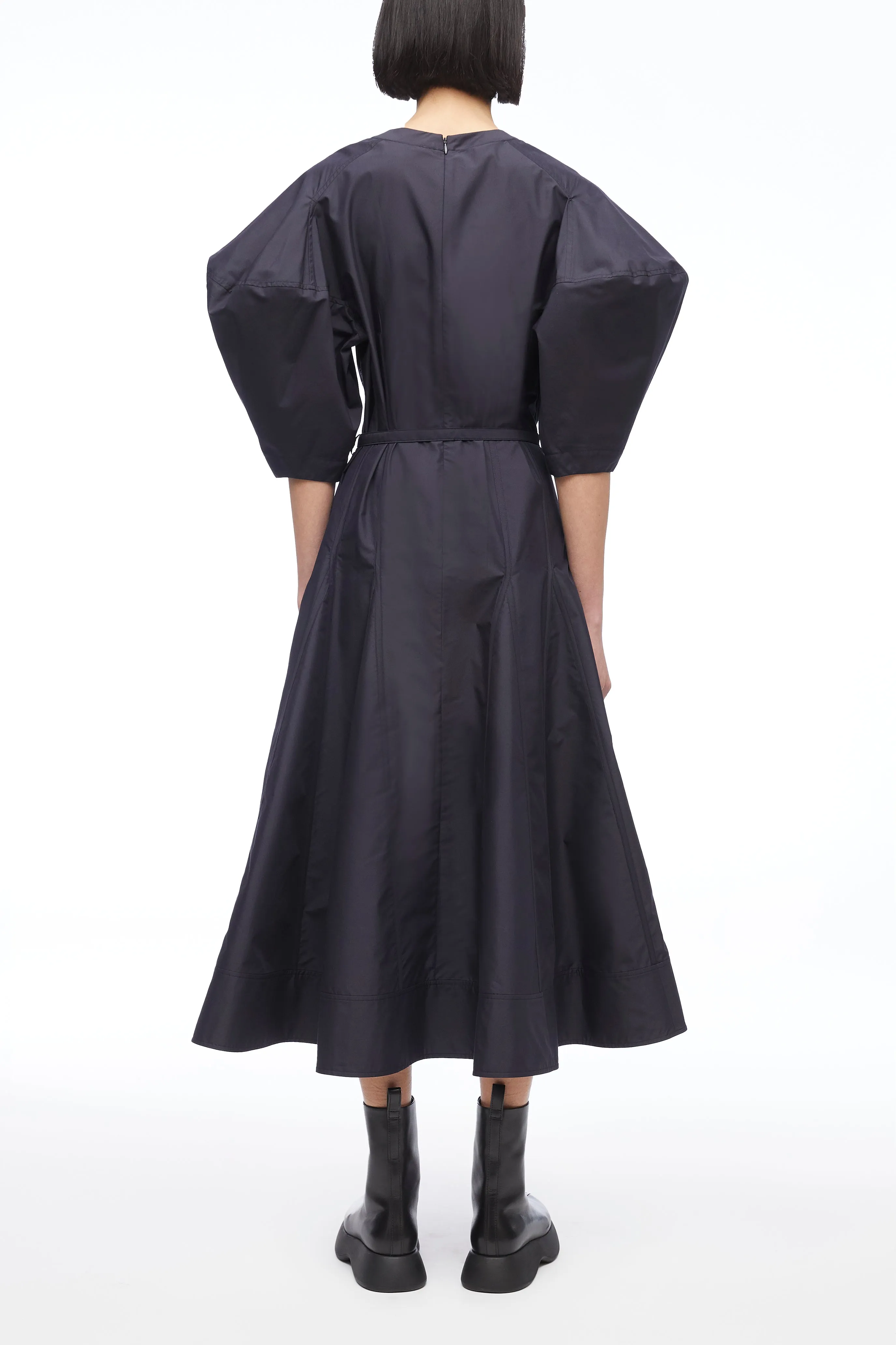 Puff Sleeve Belted Godet Midi Dress