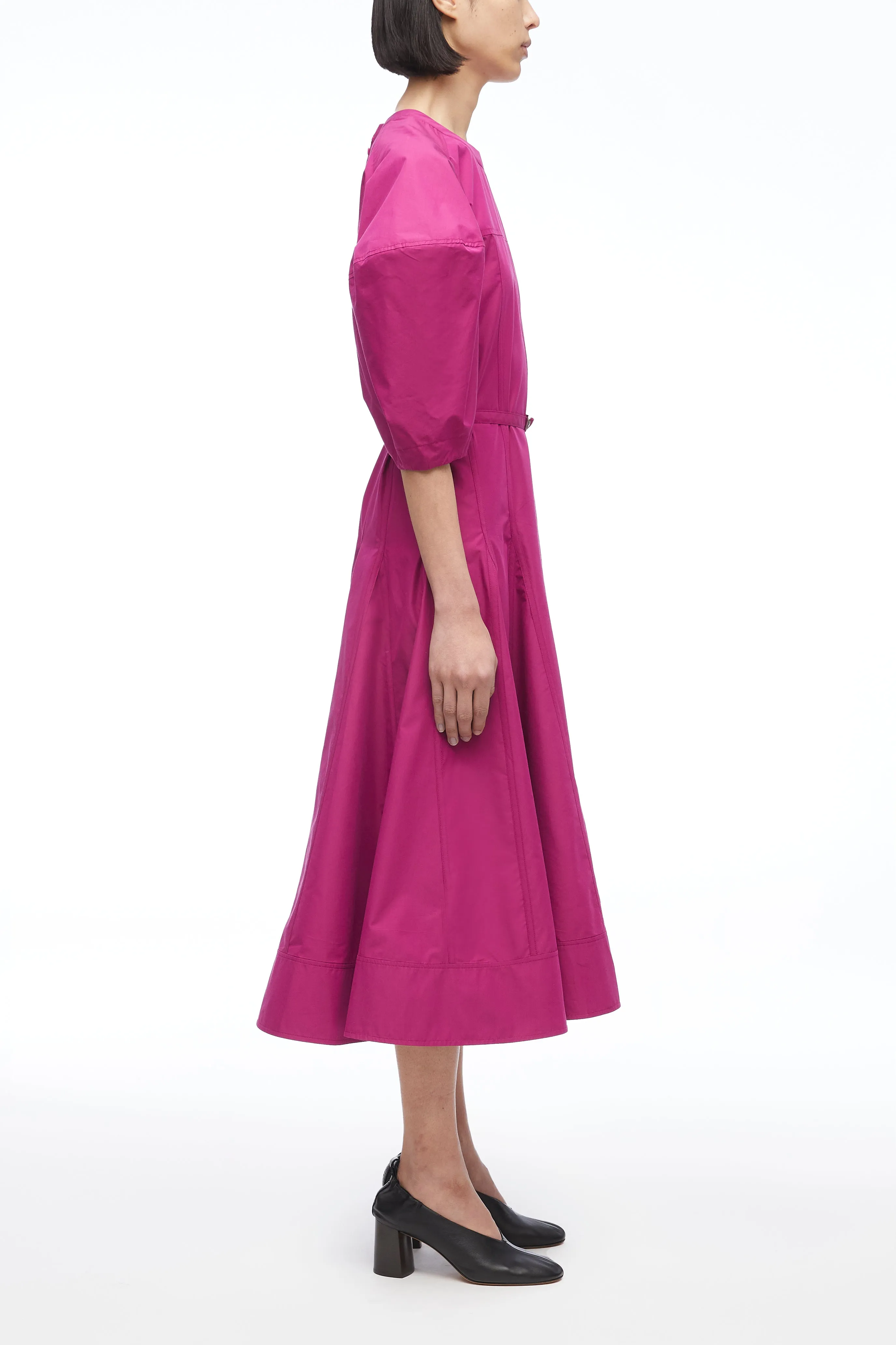 Puff Sleeve Belted Godet Midi Dress