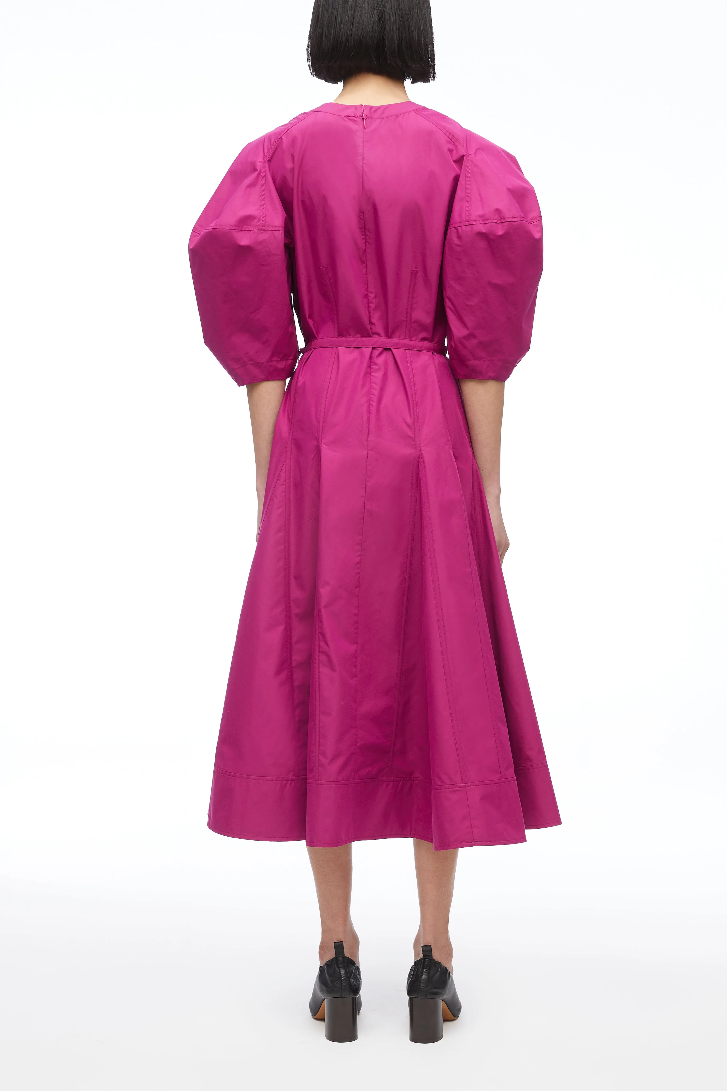 Puff Sleeve Belted Godet Midi Dress