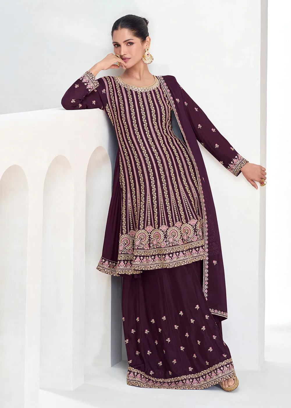 Purple Festive Style Embroidered Trendy Gharara Suit