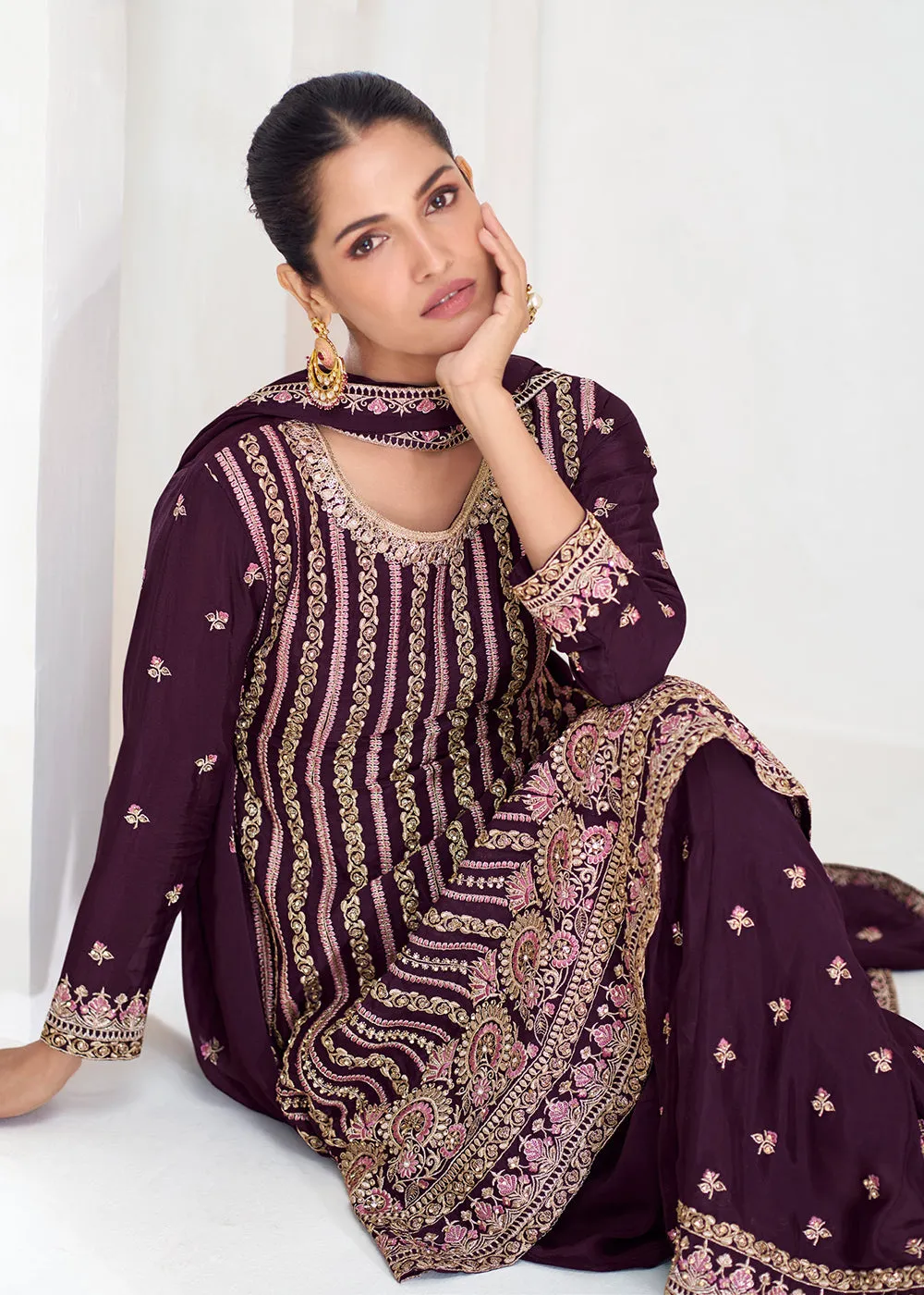 Purple Festive Style Embroidered Trendy Gharara Suit