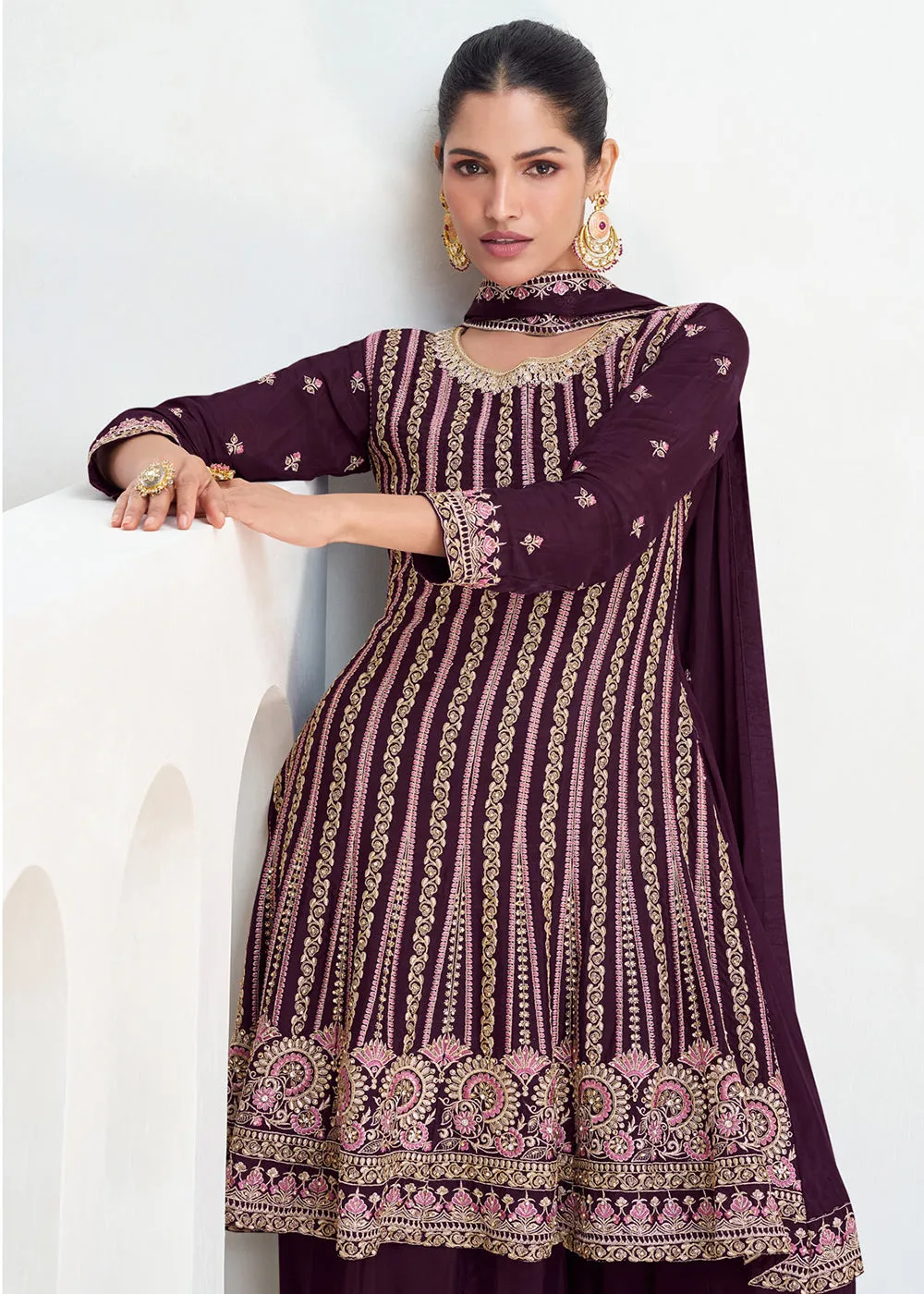 Purple Festive Style Embroidered Trendy Gharara Suit