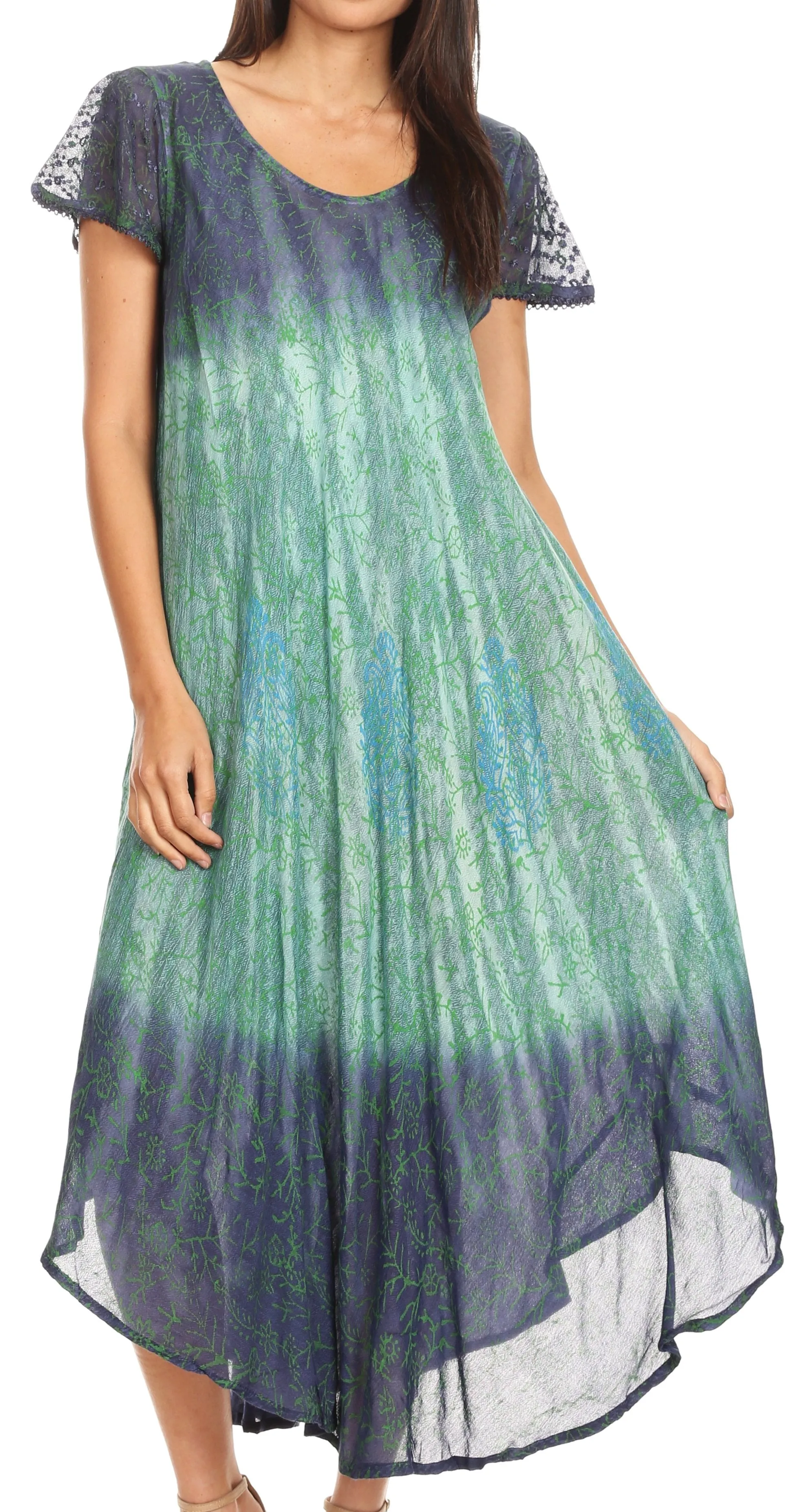 Sakkas Samira Color Block Printed Sheer Cap Sleeve Relaxed Fit Dress | Cover Up