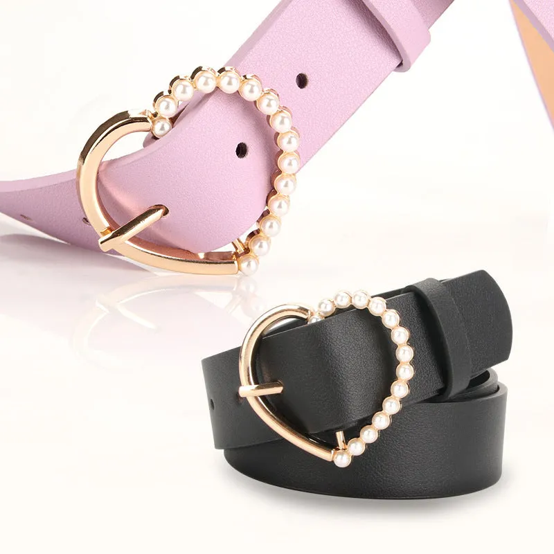 Sweet Inlaid Pearl Peach Heart Buckle Dress Decoration Belt Cute Student Jeans Strap