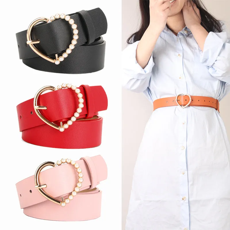 Sweet Inlaid Pearl Peach Heart Buckle Dress Decoration Belt Cute Student Jeans Strap