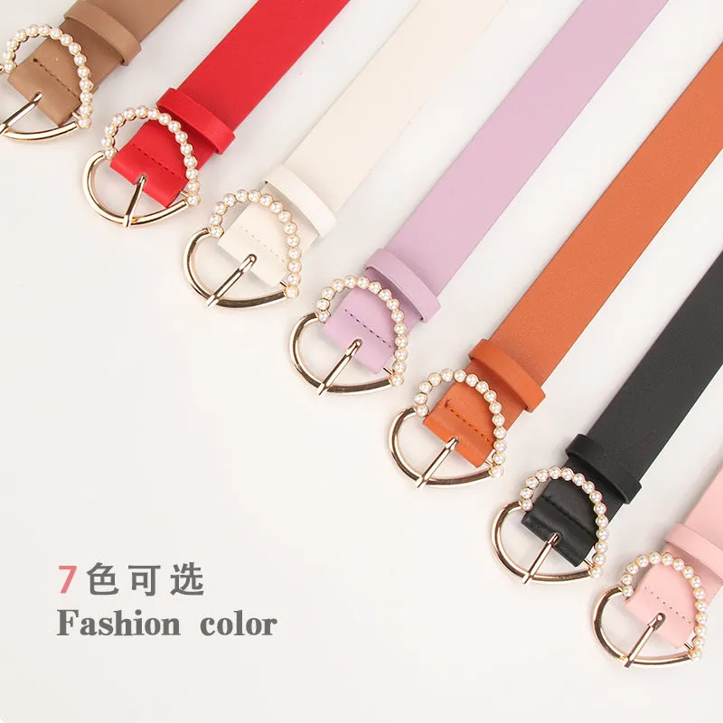 Sweet Inlaid Pearl Peach Heart Buckle Dress Decoration Belt Cute Student Jeans Strap