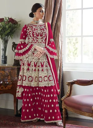 Trendy Bell Sleeved Embroidered Sharara in Hot Pink