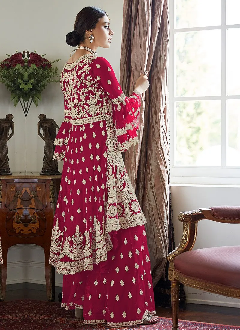 Trendy Bell Sleeved Embroidered Sharara in Hot Pink