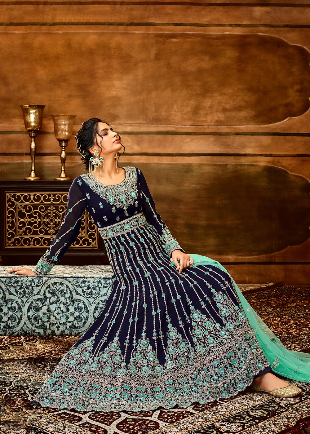 Trendy Navy Blue & Aqua Embroidered Wedding Anarkali Gown