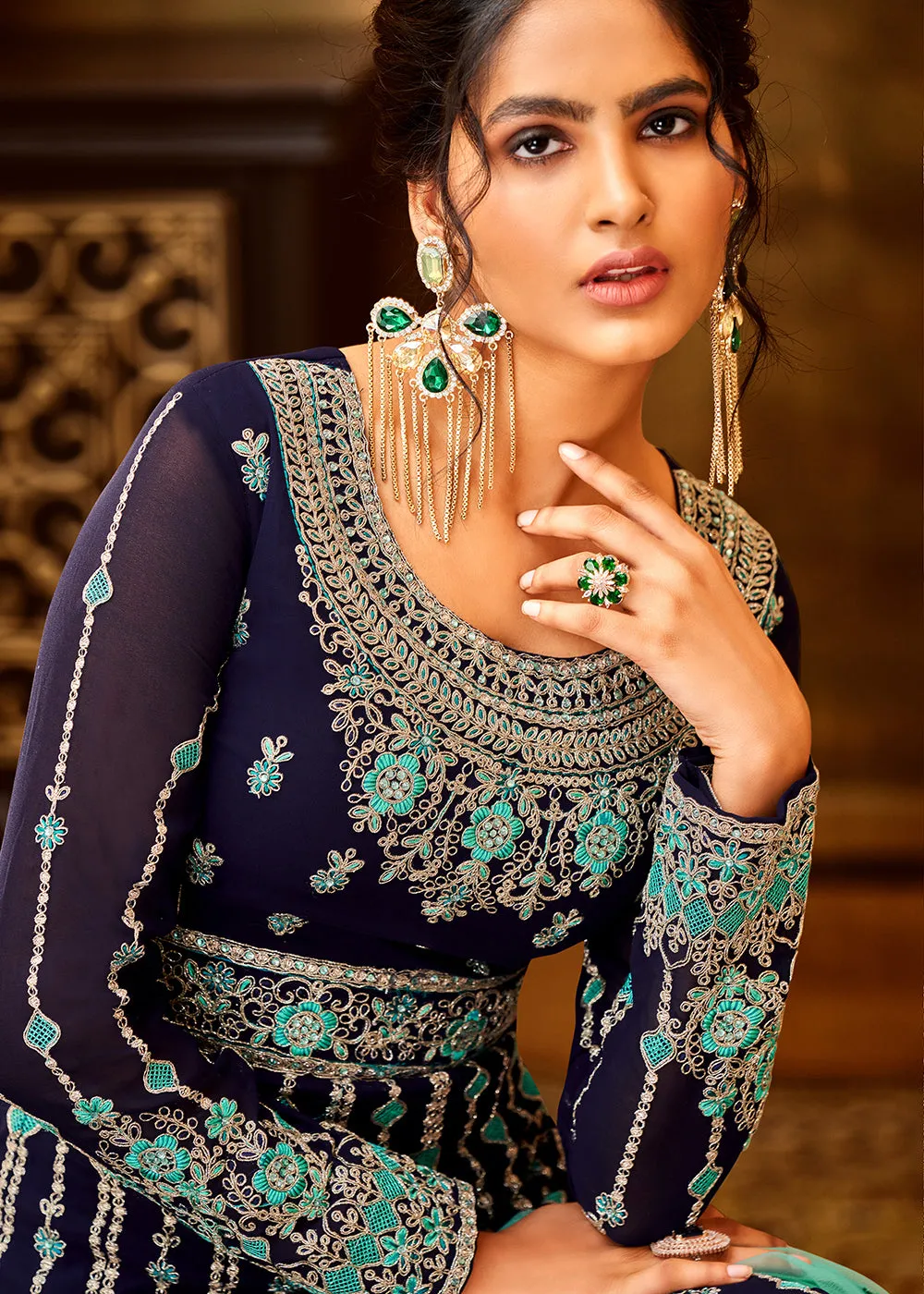 Trendy Navy Blue & Aqua Embroidered Wedding Anarkali Gown