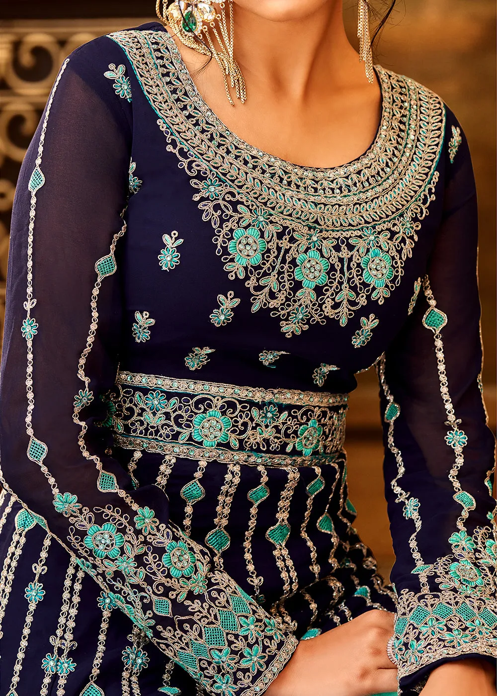 Trendy Navy Blue & Aqua Embroidered Wedding Anarkali Gown