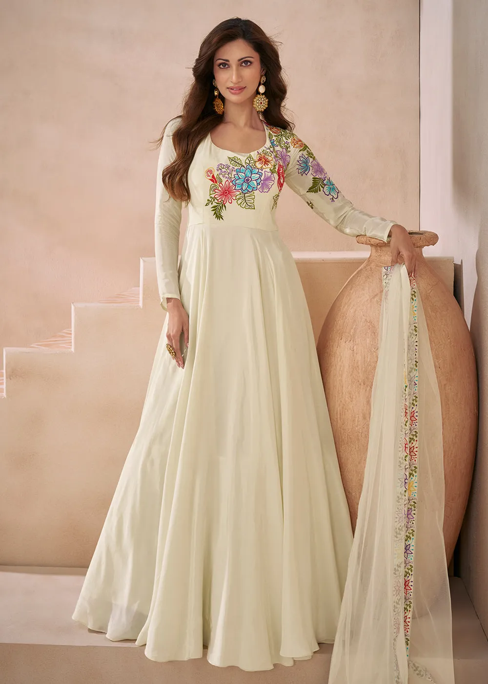 Trendy Off White Silk Embroidered Anarkali Gown