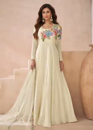 Trendy Off White Silk Embroidered Anarkali Gown