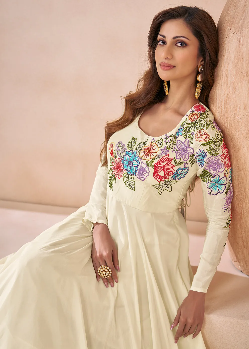 Trendy Off White Silk Embroidered Anarkali Gown