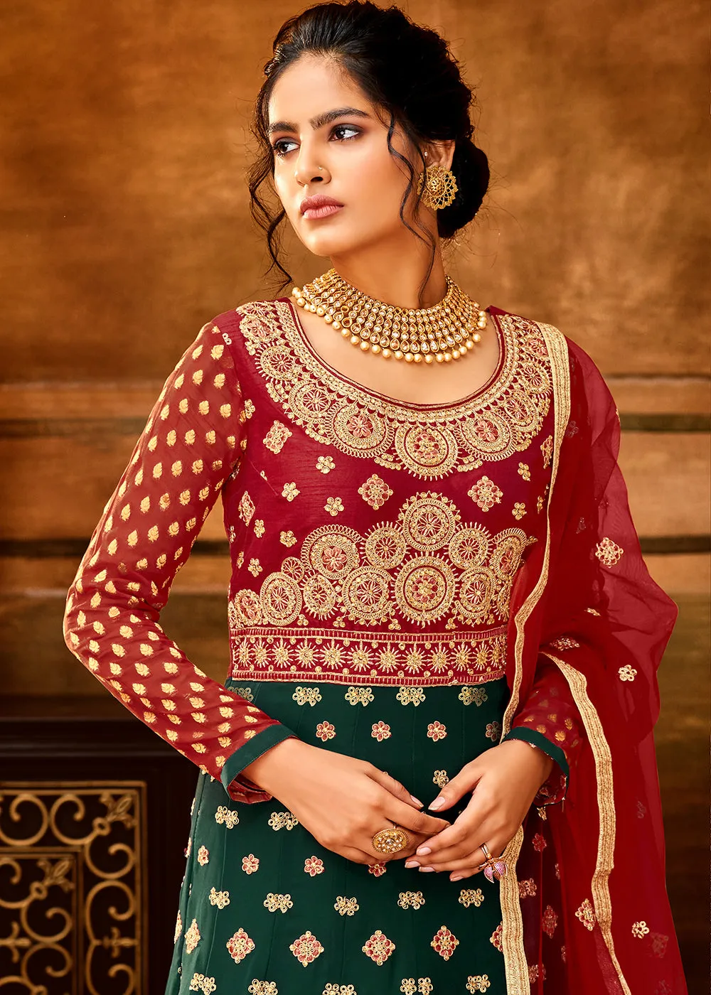 Trendy Red & Dark Green Embroidered Wedding Anarkali Gown